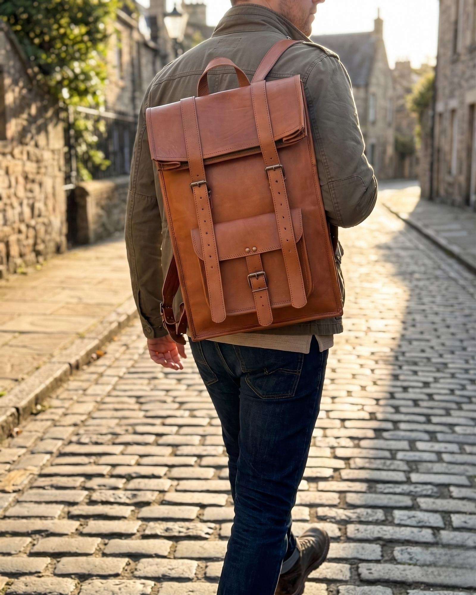 A traveller wearing The Sariska handcrafted Certified Real Leather backpack on a cobbled street.
