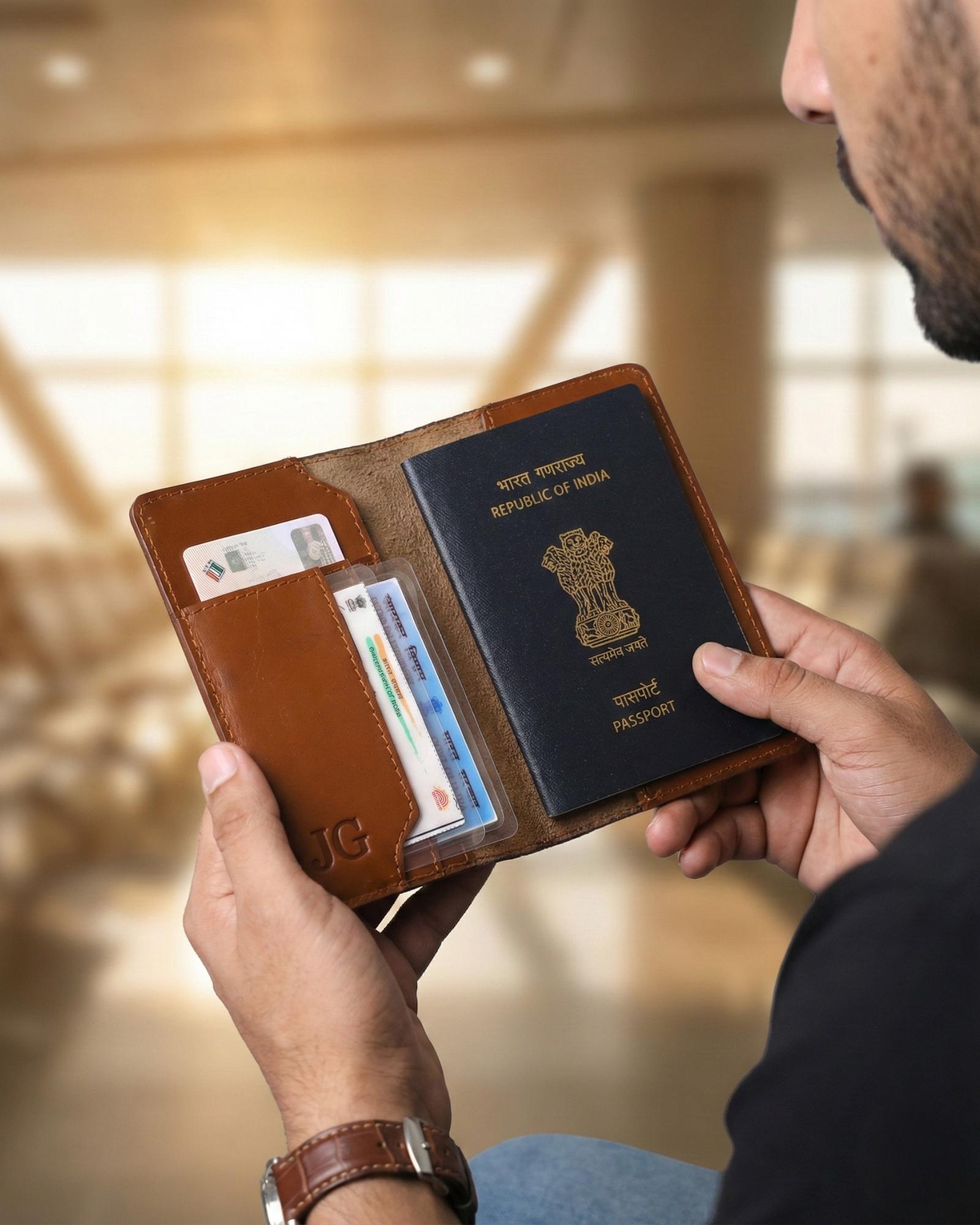 A traveller holding The Banjara Certified Real Leather passport holder at the airport.