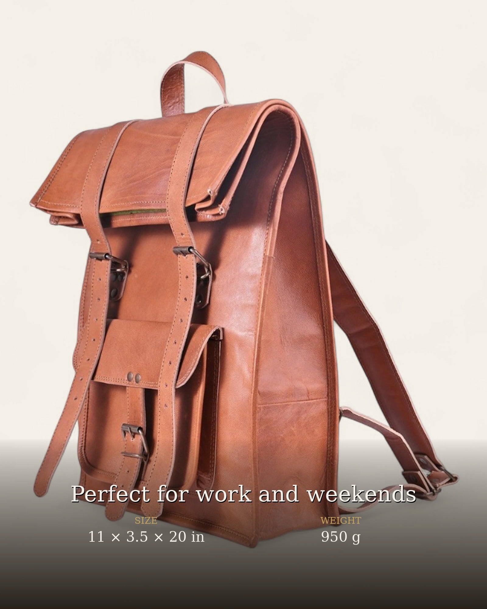The Sariska Backpack — size and weight details, 11 x 3.5 x 20 in, 950 g
