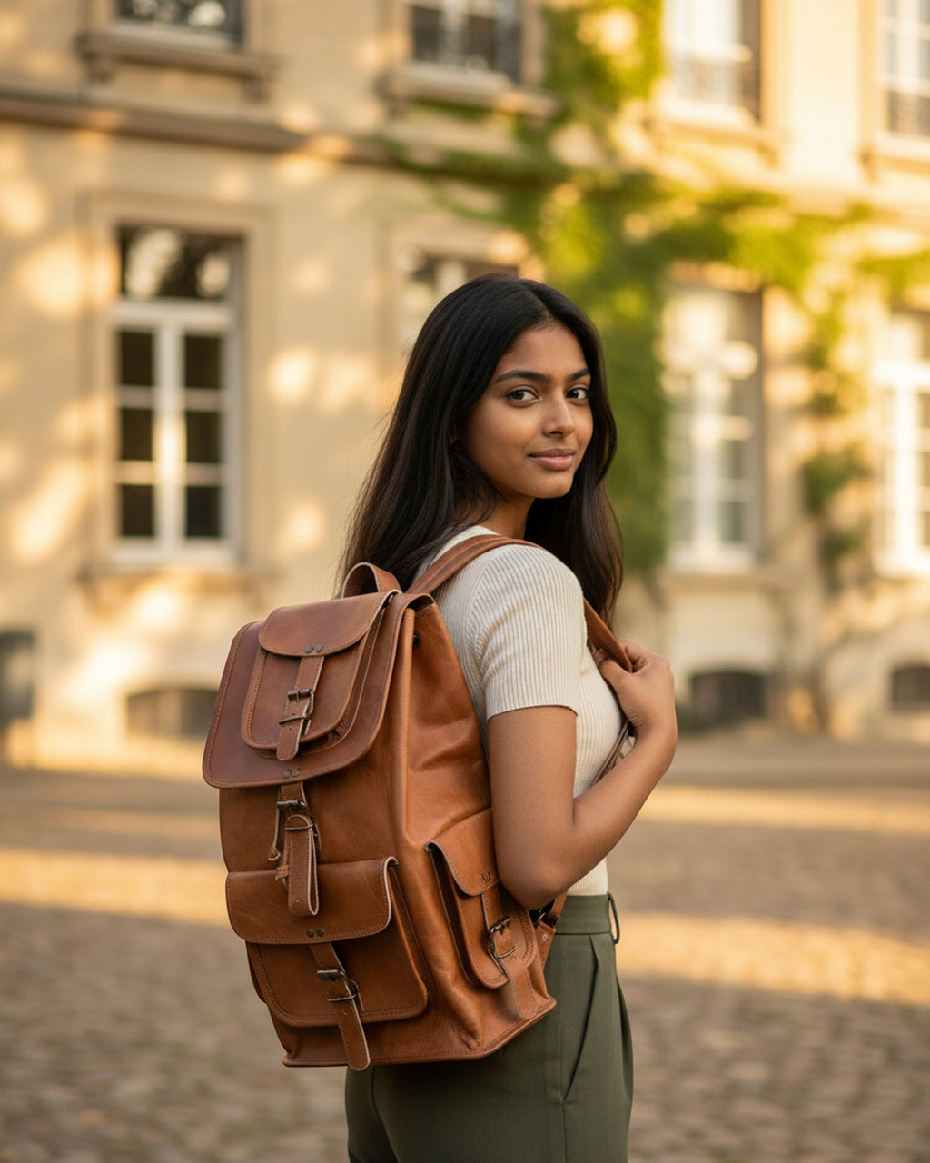 The Aravalli Backpack worn on the back — tan leather rucksack in golden-hour light