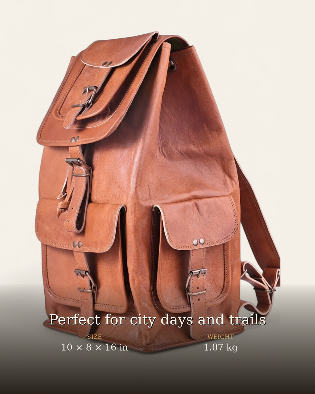 The Aravalli Backpack — size and weight details, 10 x 8 x 16 in, 1.07 kg