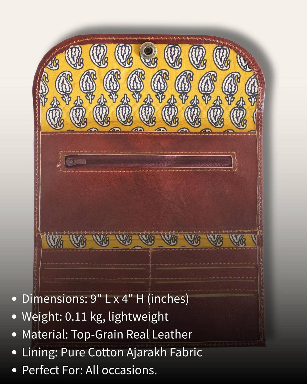 The Gangaur Clutch in Cherry — open interior with card slots and compartments