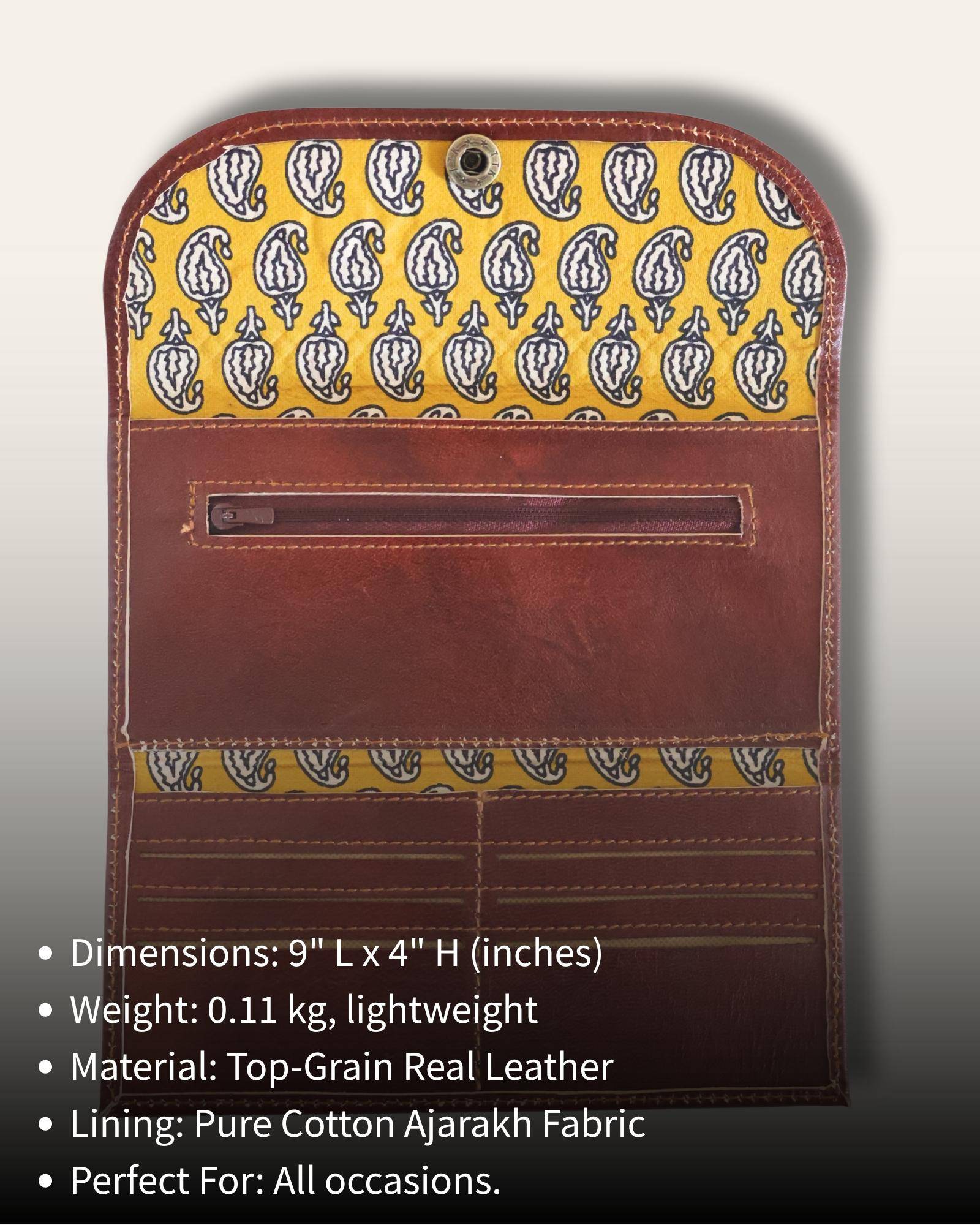 The Gangaur Clutch in Cherry — open interior with card slots and compartments