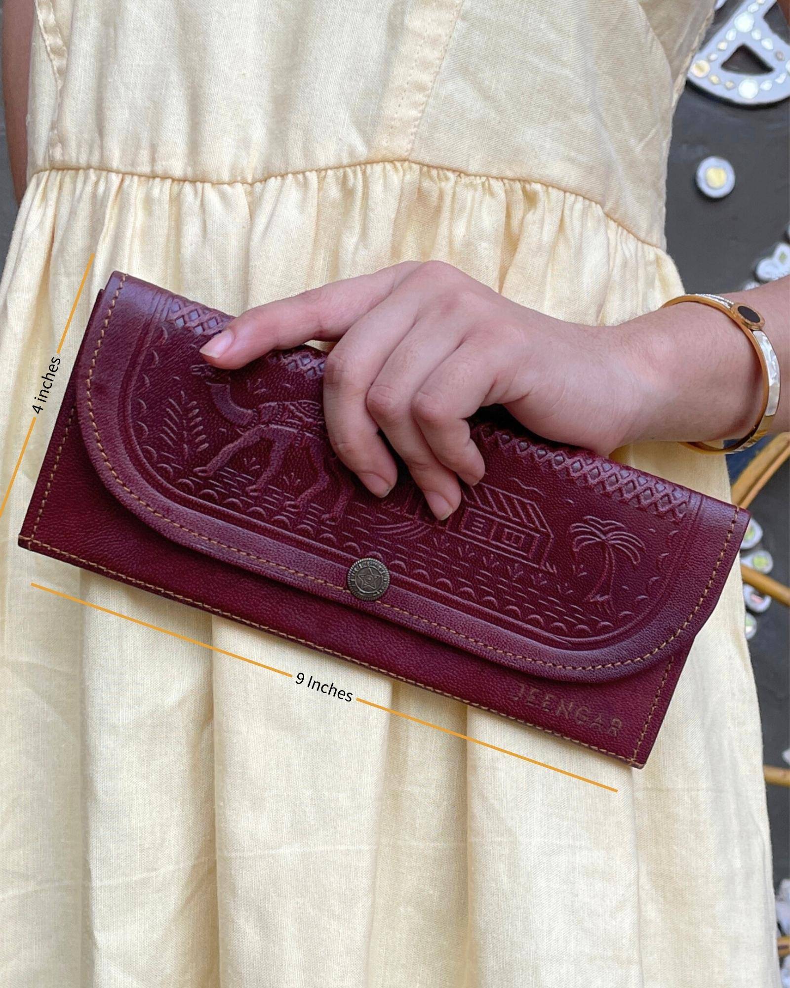 The Gangaur Clutch in Cherry — embossed leather evening clutch by Jeengar