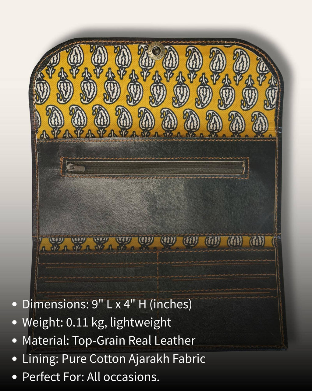 The Gangaur Clutch in Dark Olive — open interior with card slots and compartments