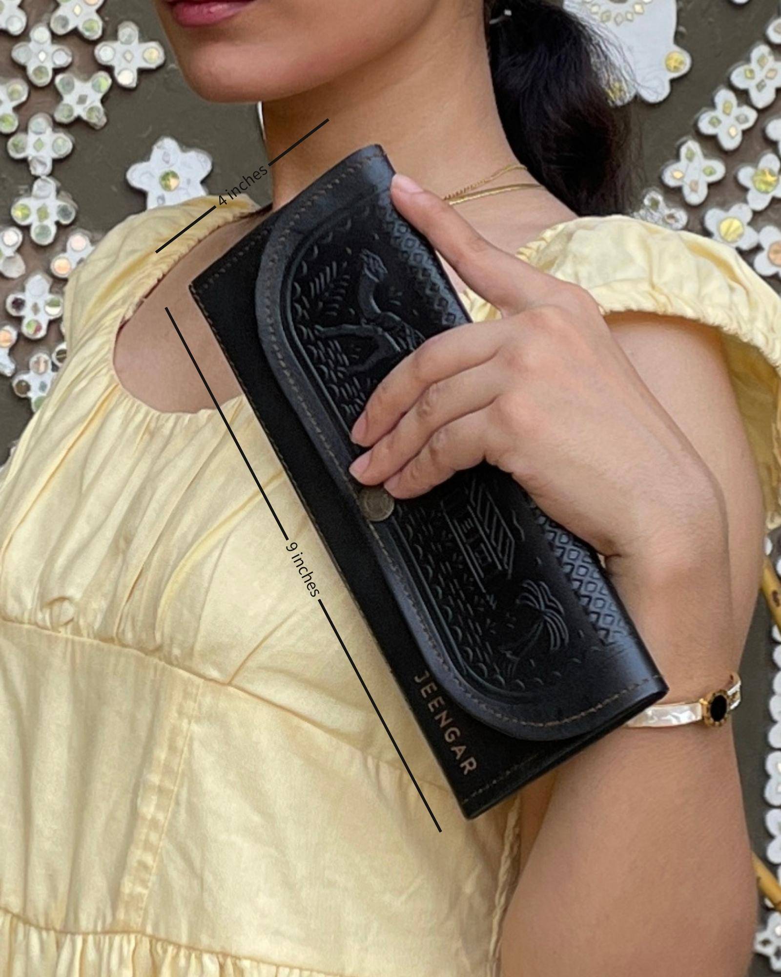 The Gangaur Clutch in Dark Olive — Certified Real Leather by artisan Mohan