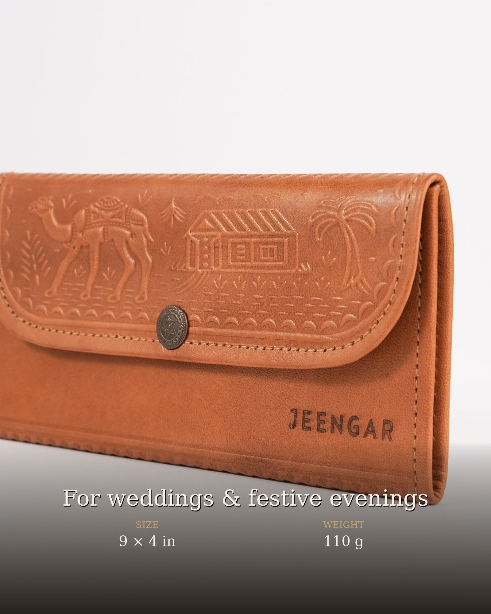 The Gangaur Clutch in Tan — dimensions 9 × 4 in, 110 g