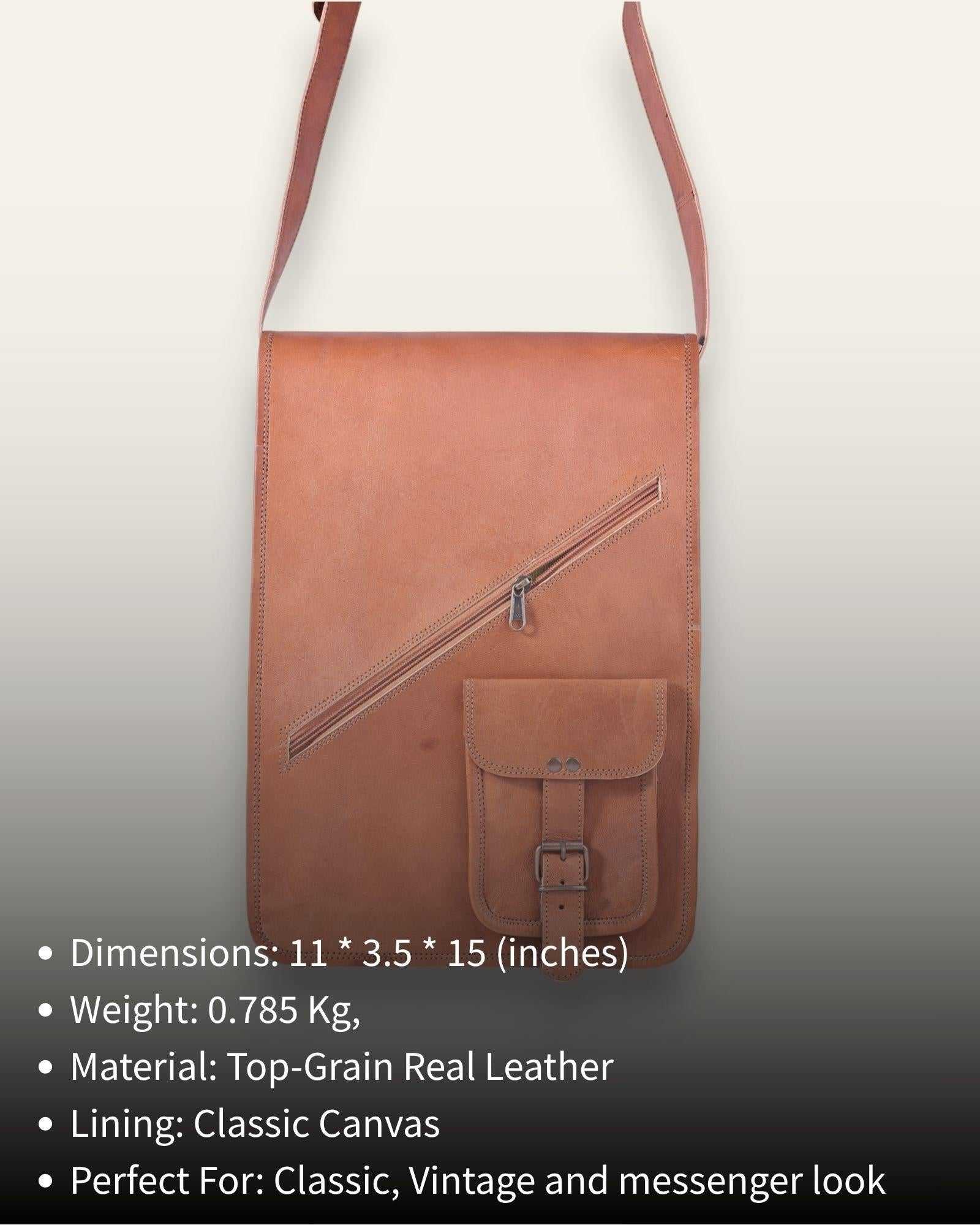 The Bundi Crossbody Bag — tan goat leather bag with diagonal zip, detail view