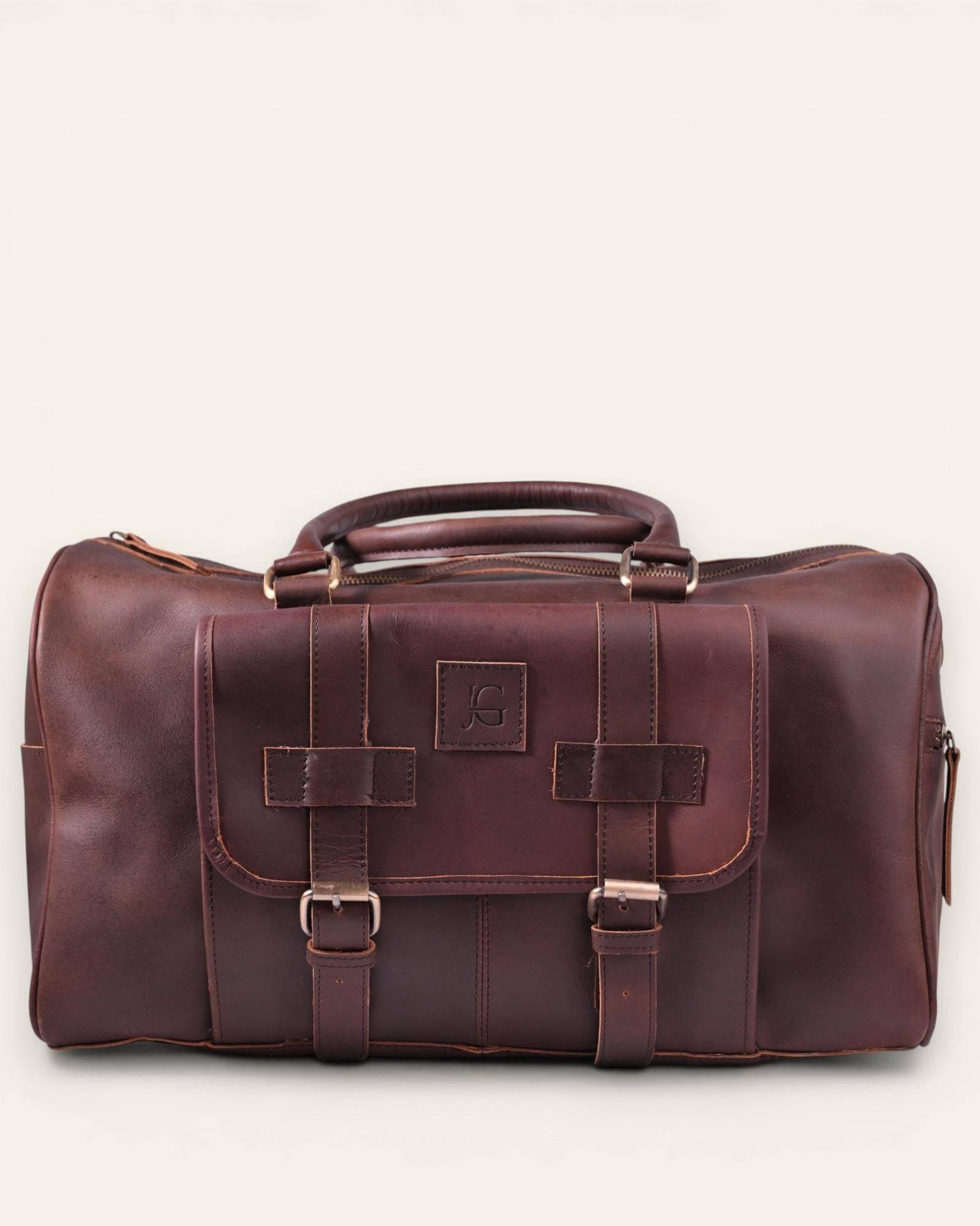 The Shekhawati Weekender in Dark Brown — handcrafted leather duffel bag by Jeengar, front view