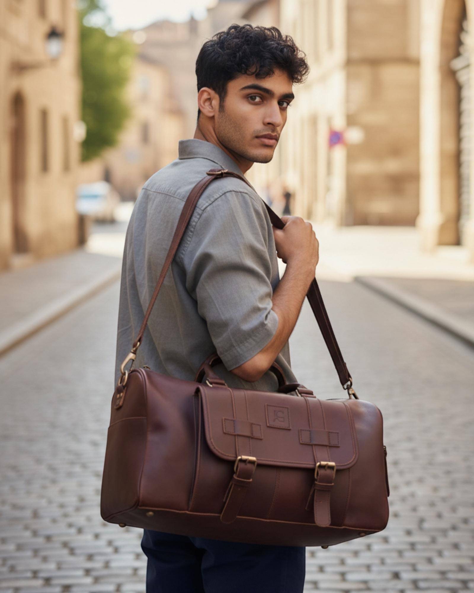 The Shekhawati Weekender in Dark Brown — leather weekender duffel for short travels
