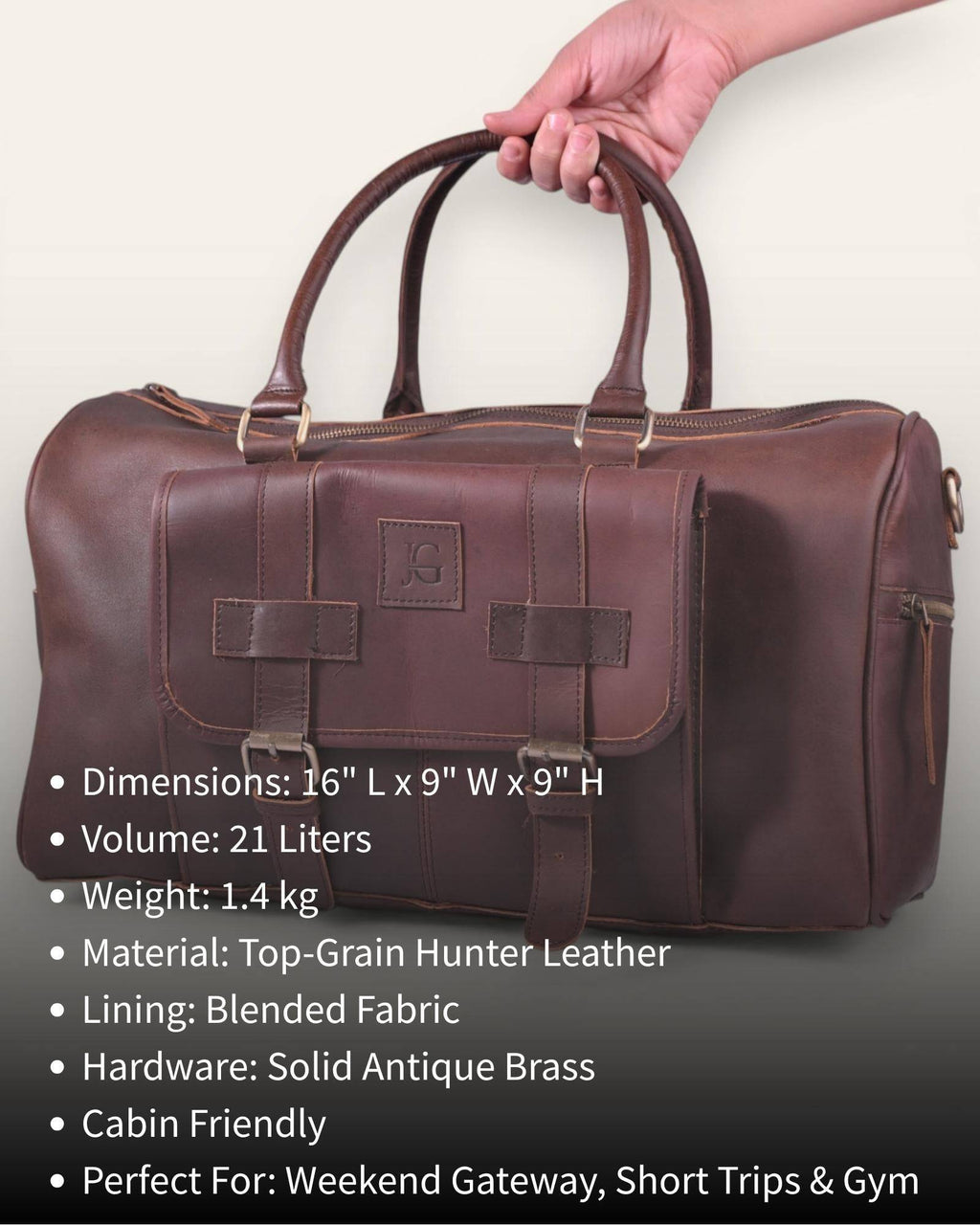 The Shekhawati Weekender in Dark Brown — cabin-friendly real leather duffel bag