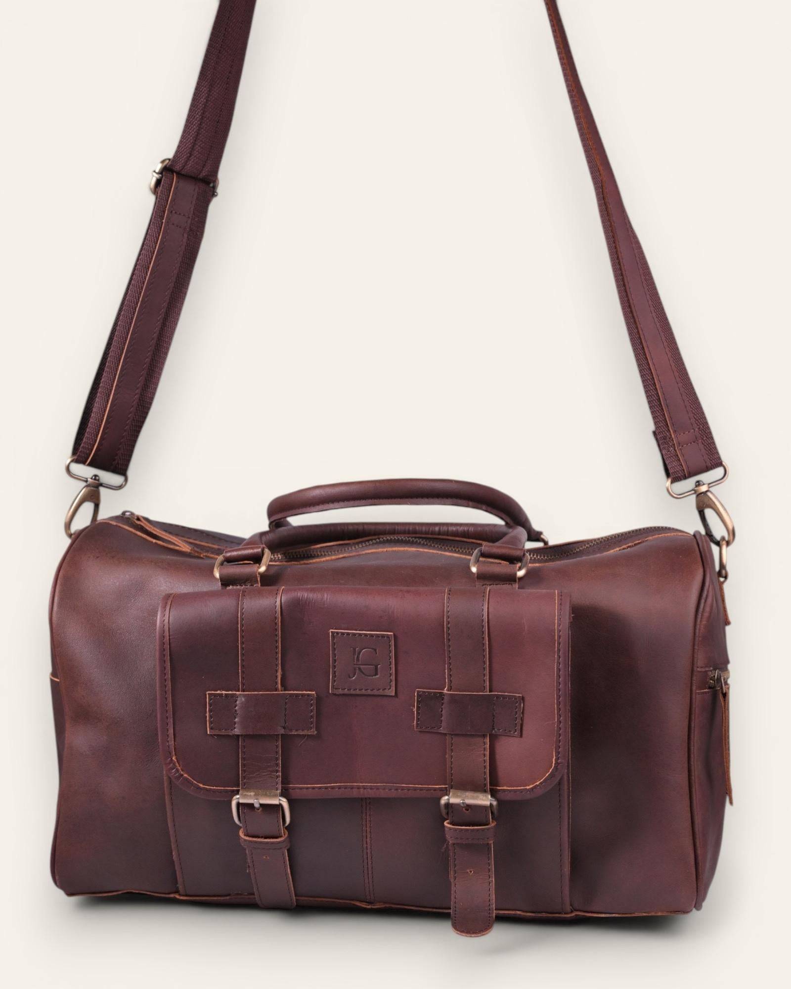 The Shekhawati Weekender in Dark Brown — cabin-friendly leather duffel by Jeengar