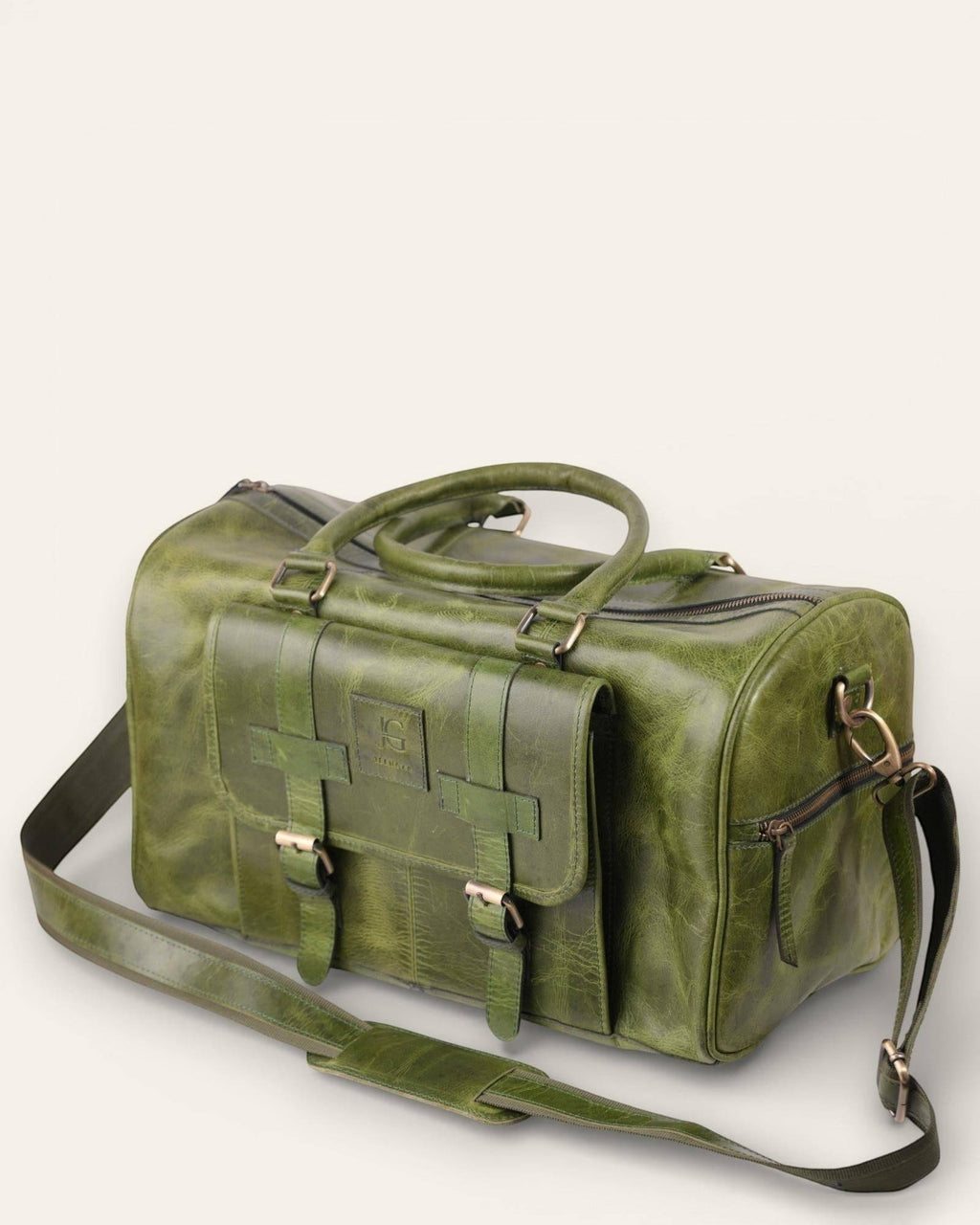The Shekhawati Weekender in Dark Olive — handcrafted leather duffel bag by Jeengar, front view