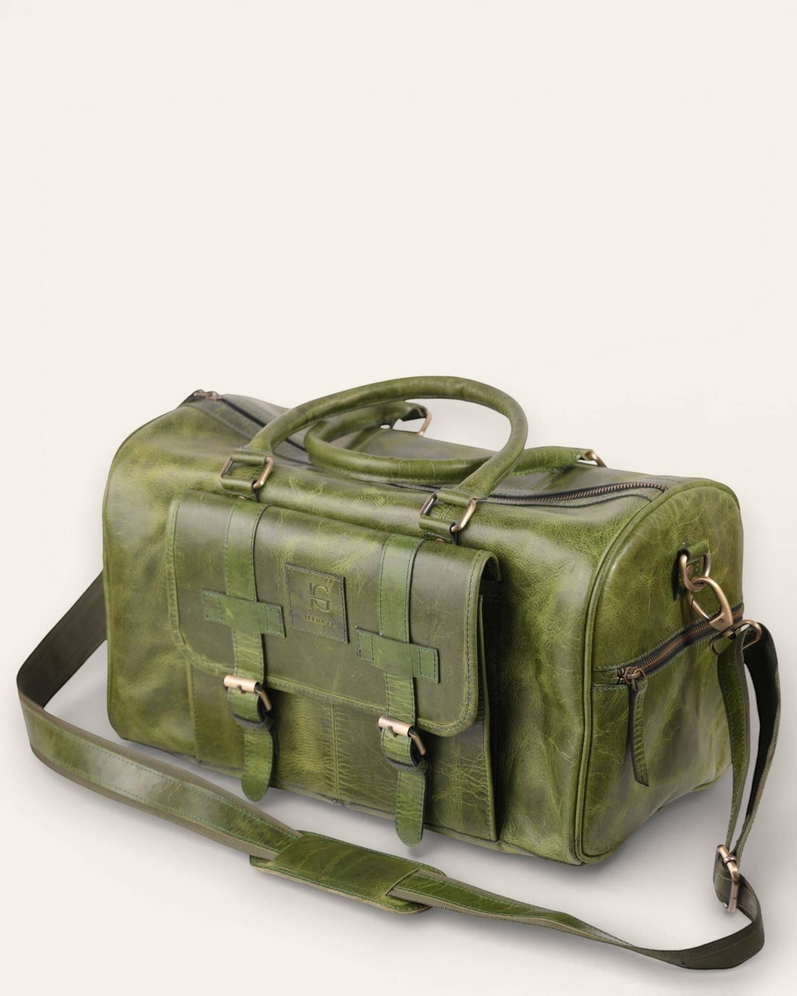 The Shekhawati Weekender in Dark Olive — handcrafted leather duffel bag by Jeengar, front view