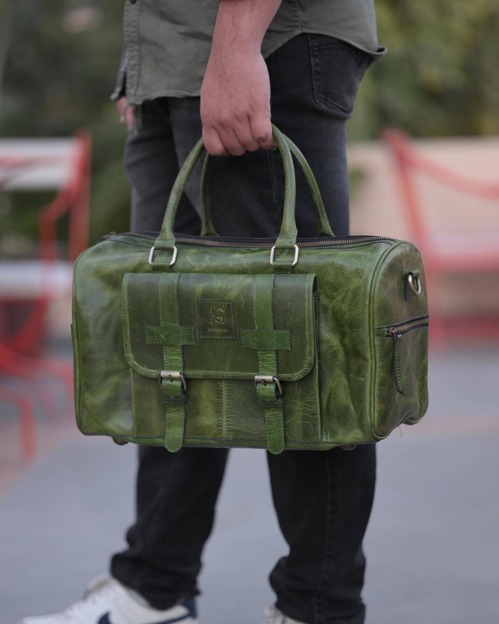The Shekhawati Weekender in Dark Olive — leather duffel bag for travel and gym