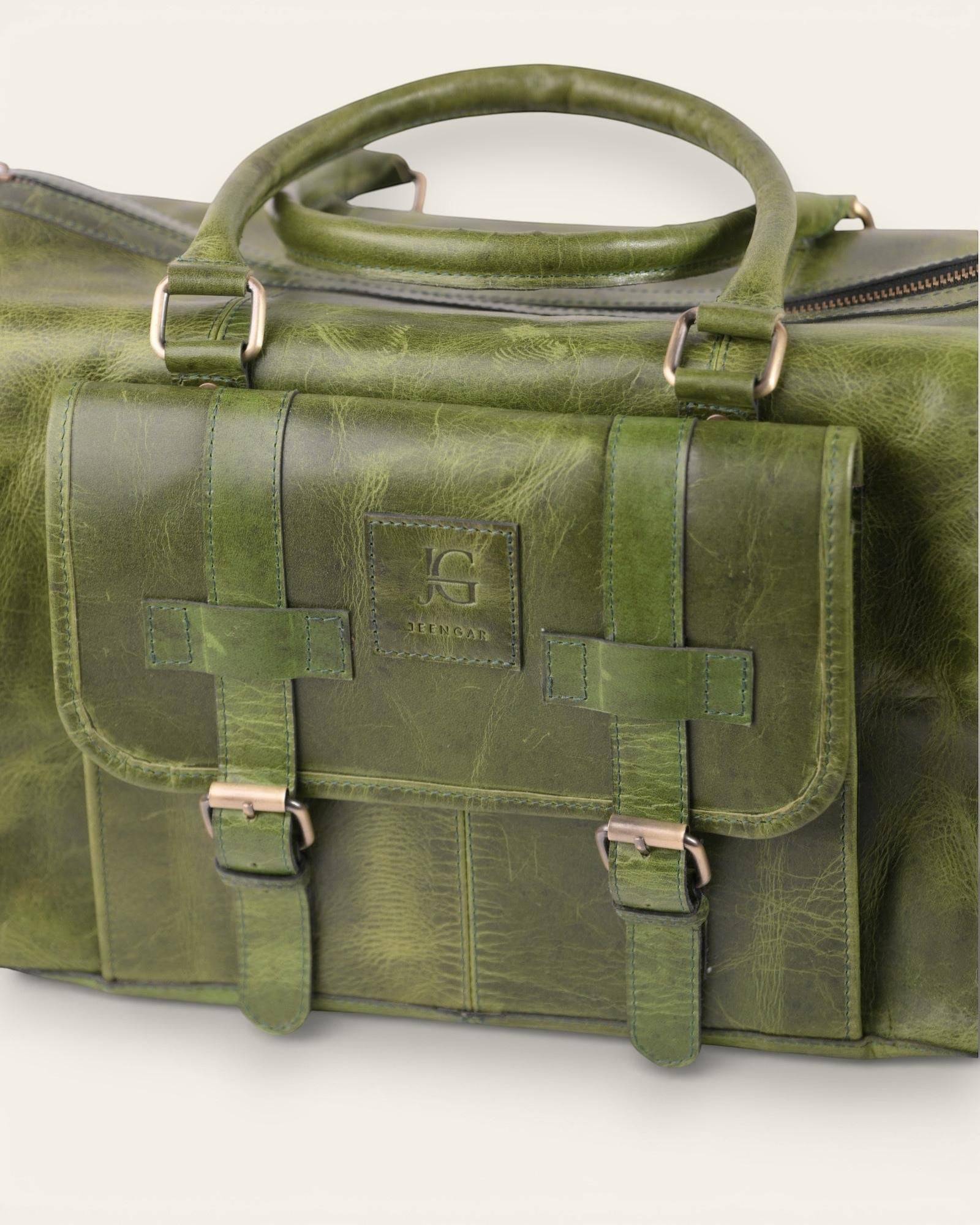 The Shekhawati Weekender in Dark Olive — rugged Hunter leather duffel bag, detail