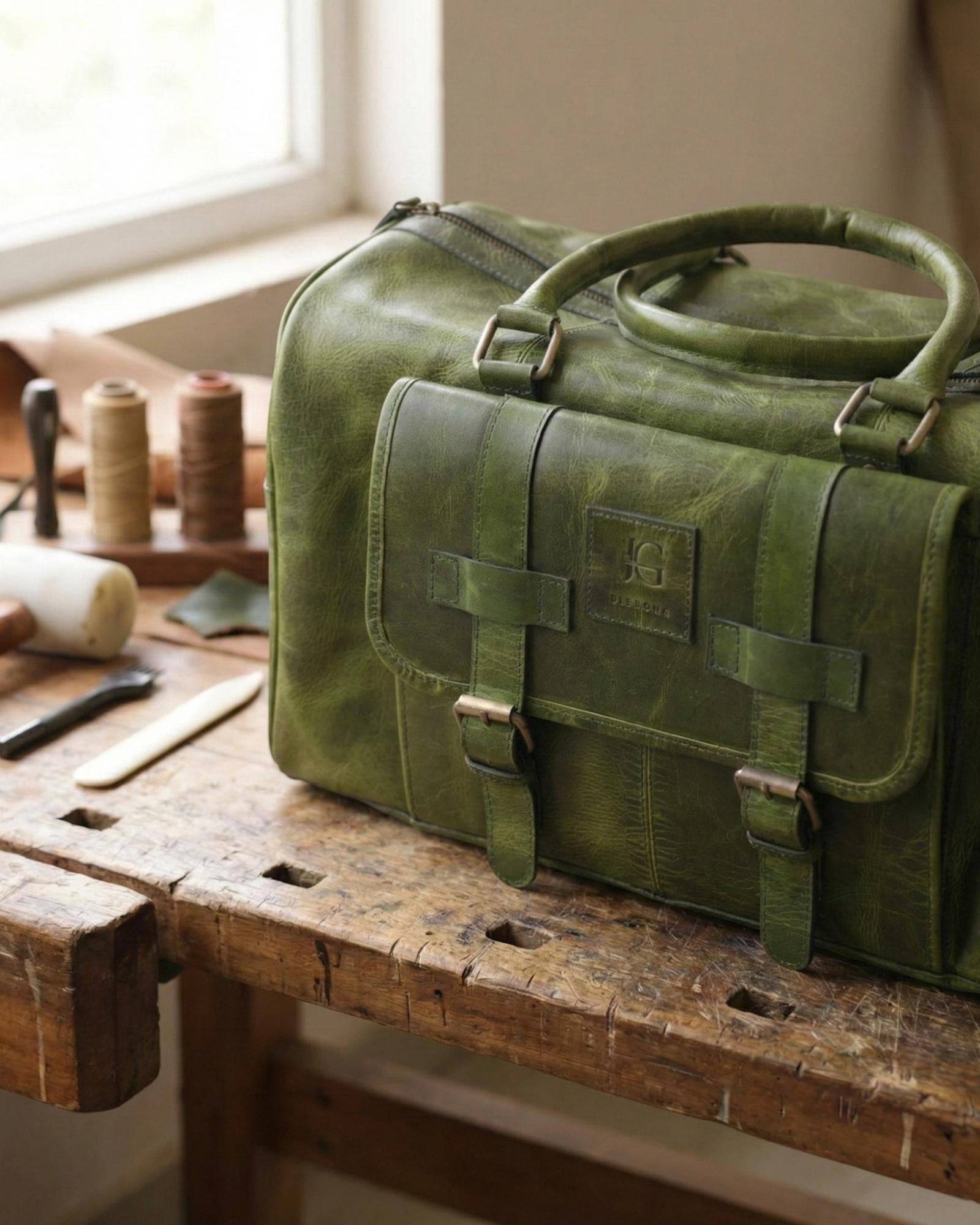 The Shekhawati Weekender in Dark Olive — vintage-style leather weekender bag