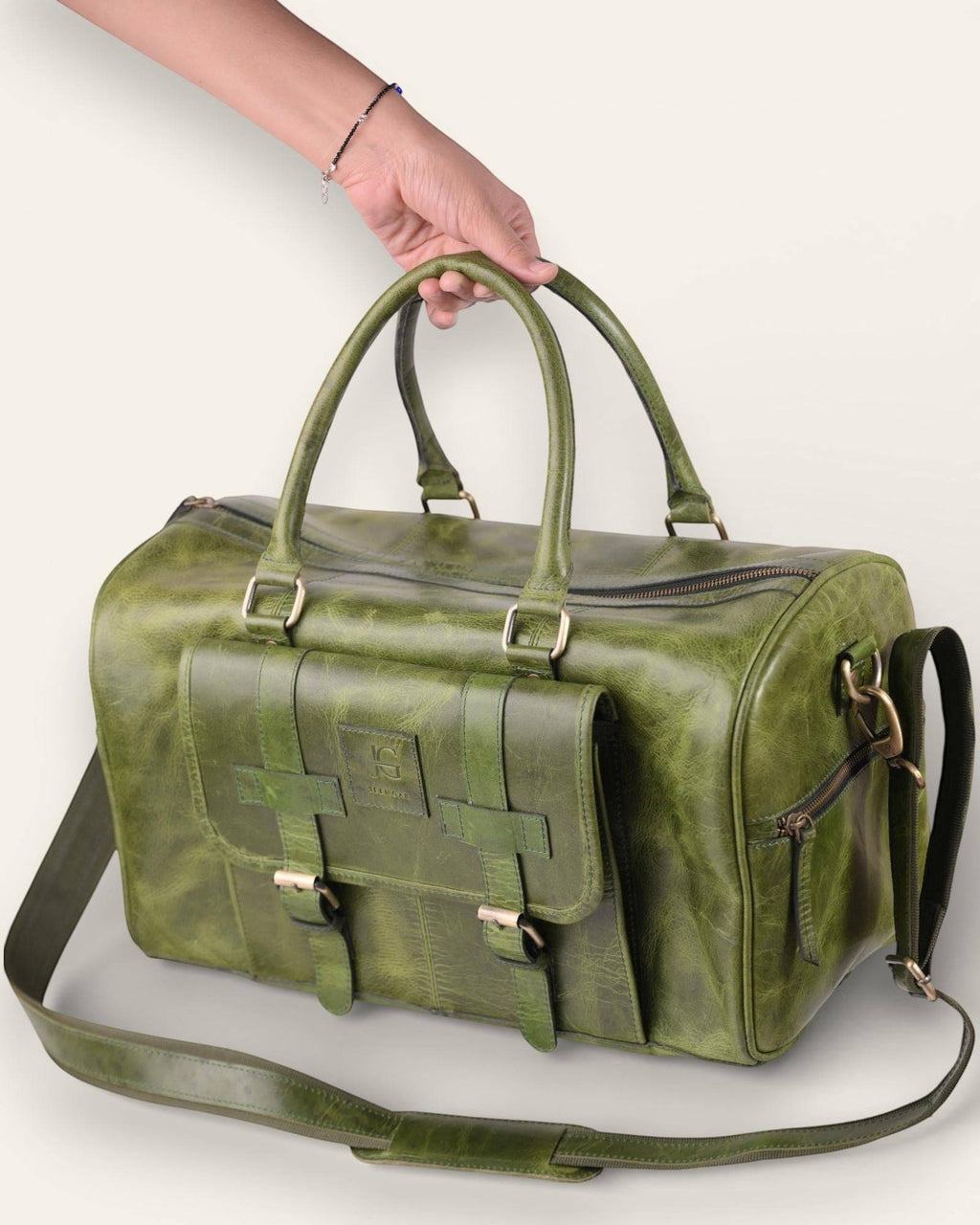 The Shekhawati Weekender in Dark Olive — cabin-friendly real leather duffel bag