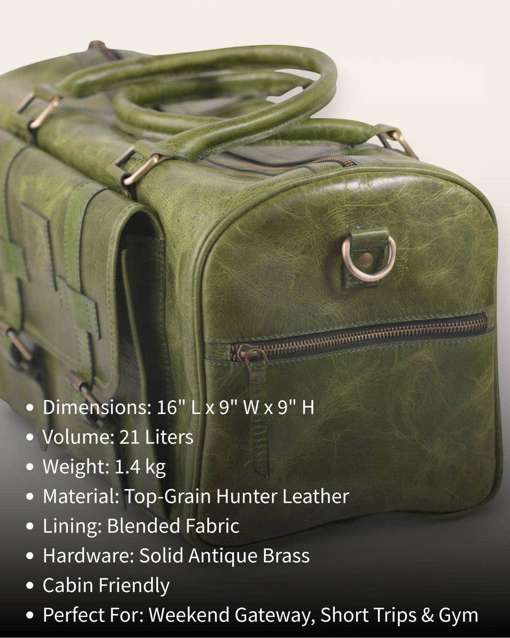 The Shekhawati Weekender in Dark Olive — cabin-friendly leather gym and travel duffel