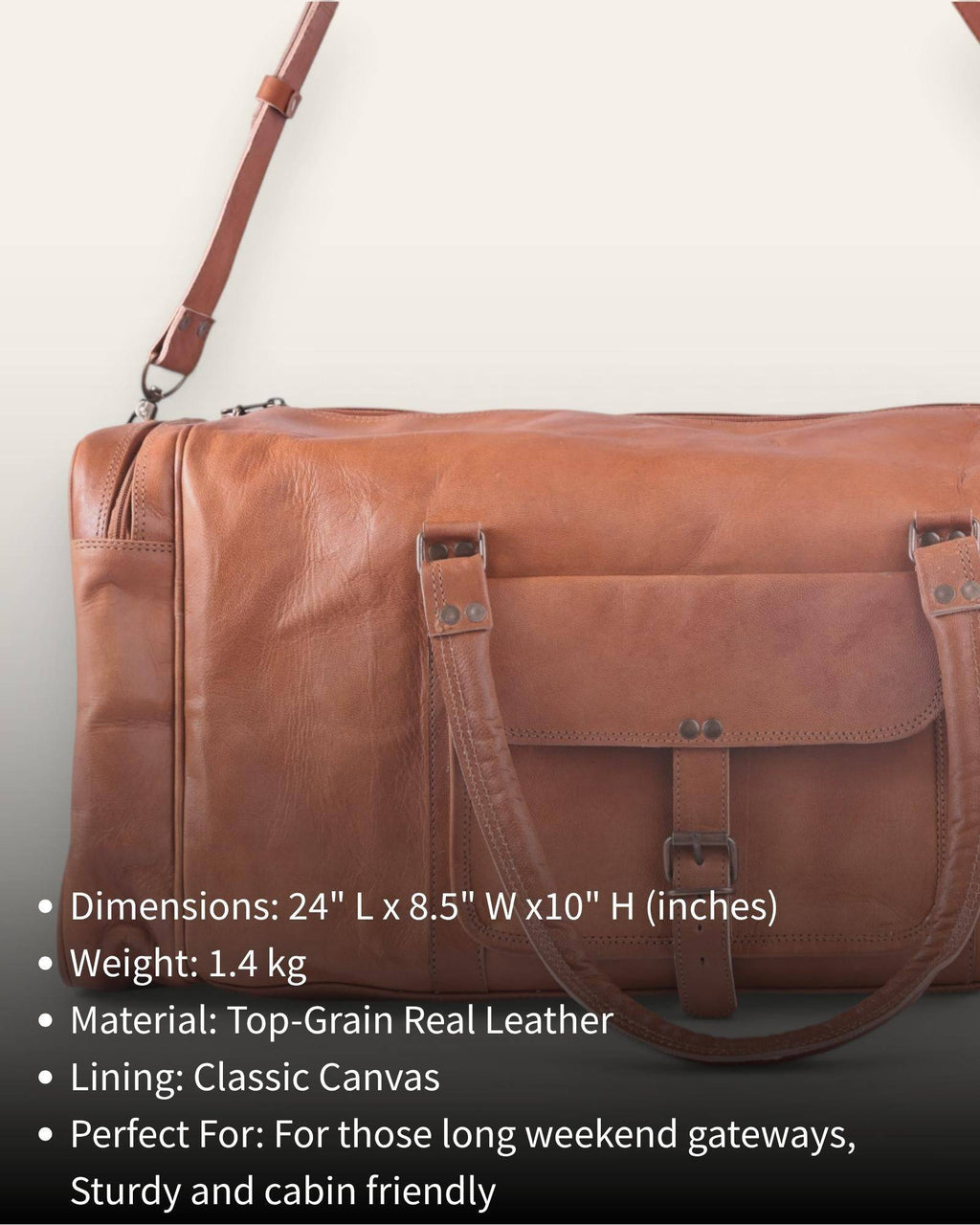 The Ranthambore Weekender — size and dimension details of the tan leather duffel bag