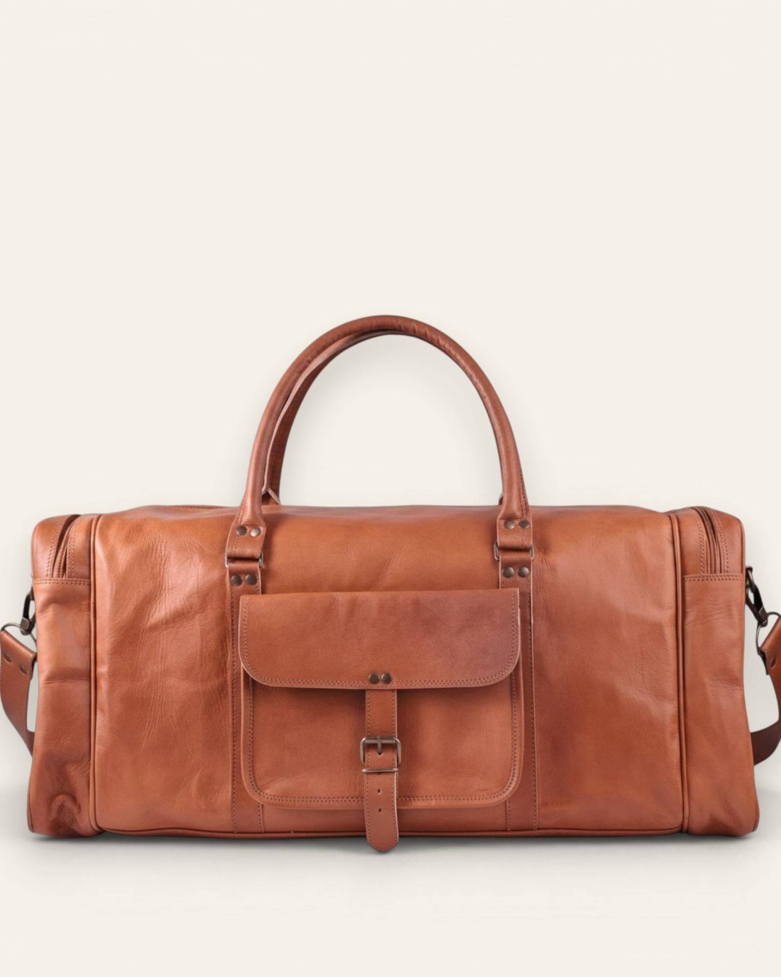 The Ranthambore Weekender — 24-inch tan leather duffle bag by Jeengar, front view