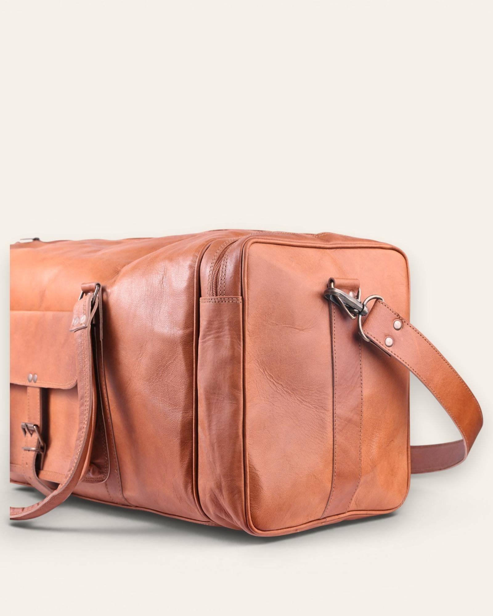The Ranthambore Weekender — elongated leather duffle bag profile