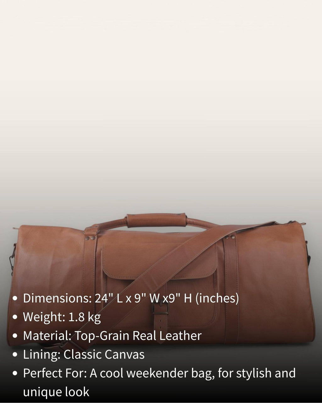 The Amer Weekender — size and dimension details of the tan leather duffel bag