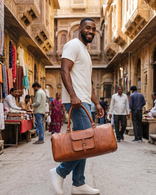 The Amer Weekender — tan real leather weekender duffel for travel
