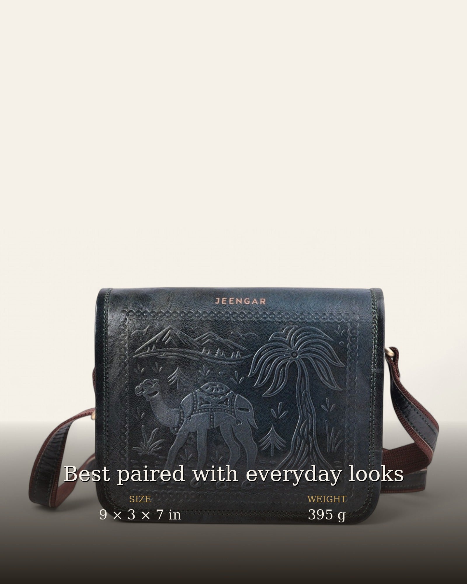The Jaisalmer Sling in Dark Olive - size 9 x 3 x 7 in, weight 395 g