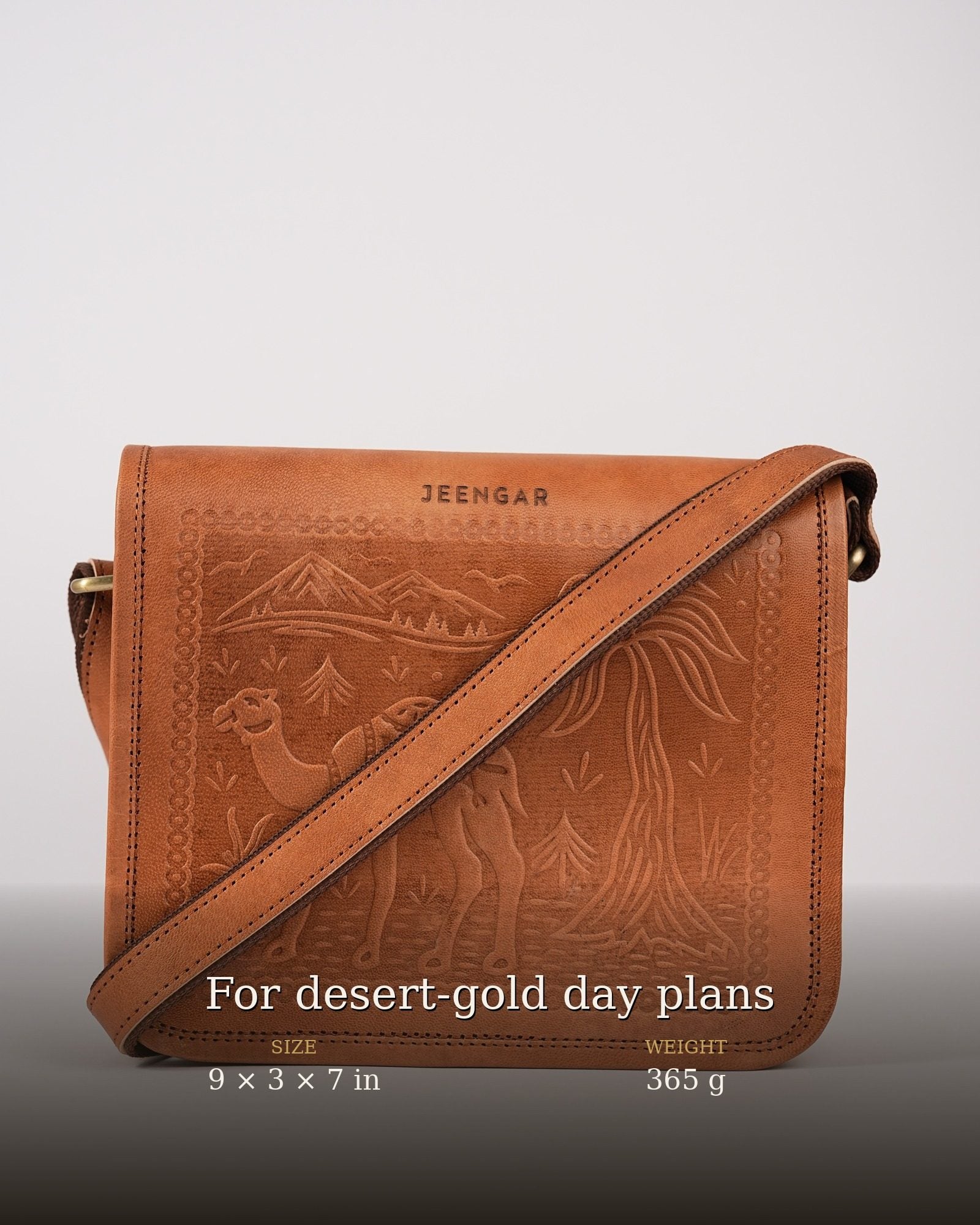 The Jaisalmer Sling in Tan — dimensions 9 × 3 × 7 in, 365 g