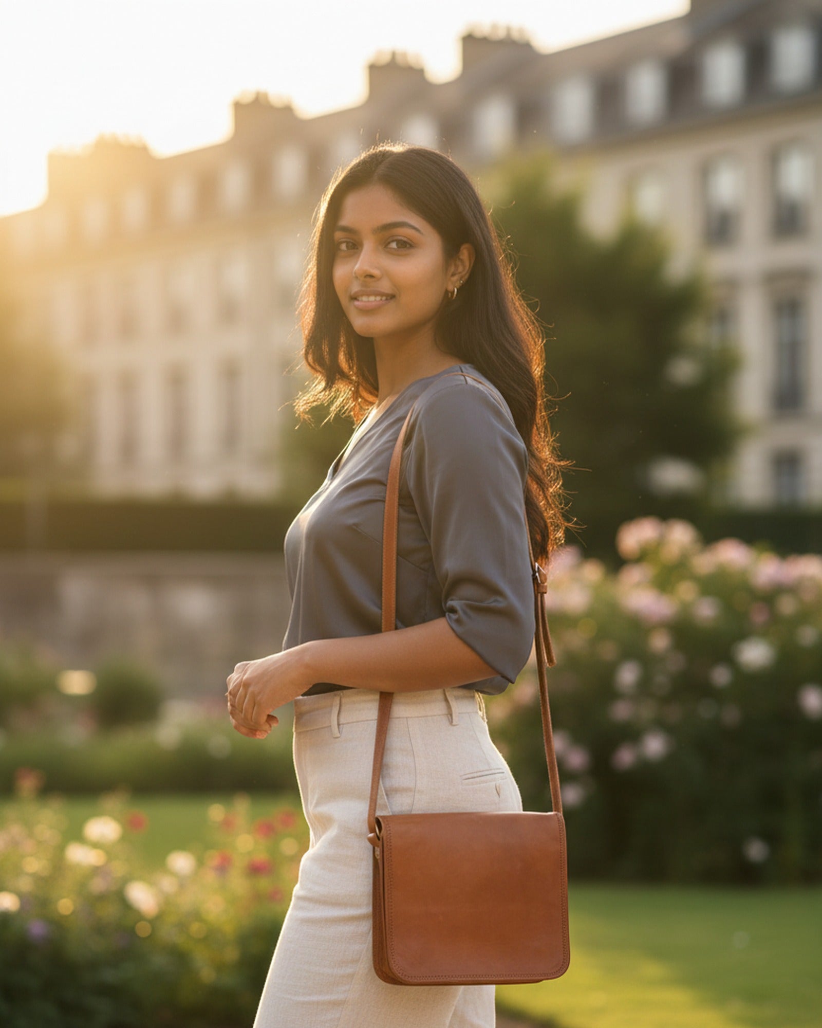 The Mandore Sling worn cross-body — natural tan leather sling in golden-hour light