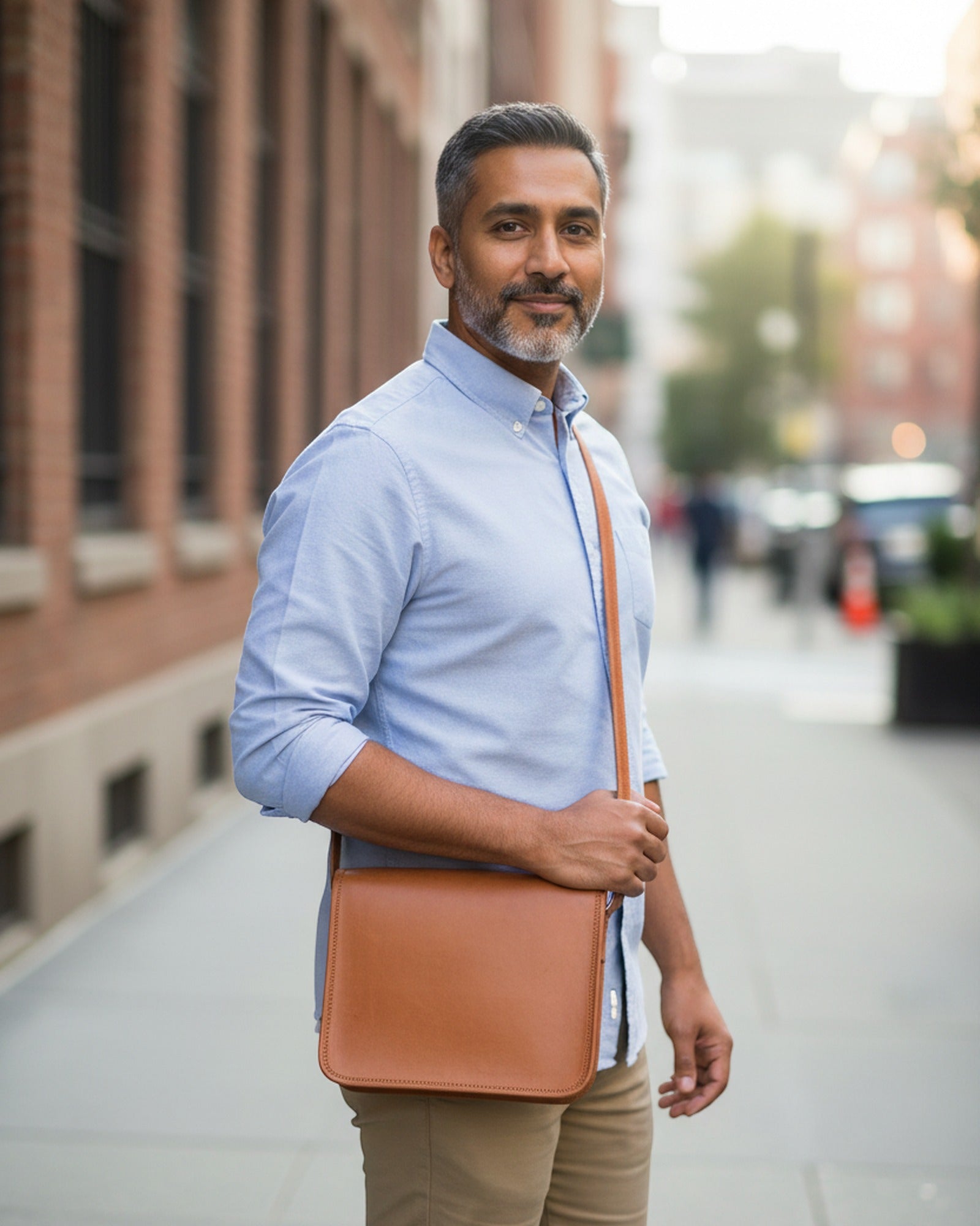 The Mandore Sling carried cross-body on a city street — full-flap leather sling