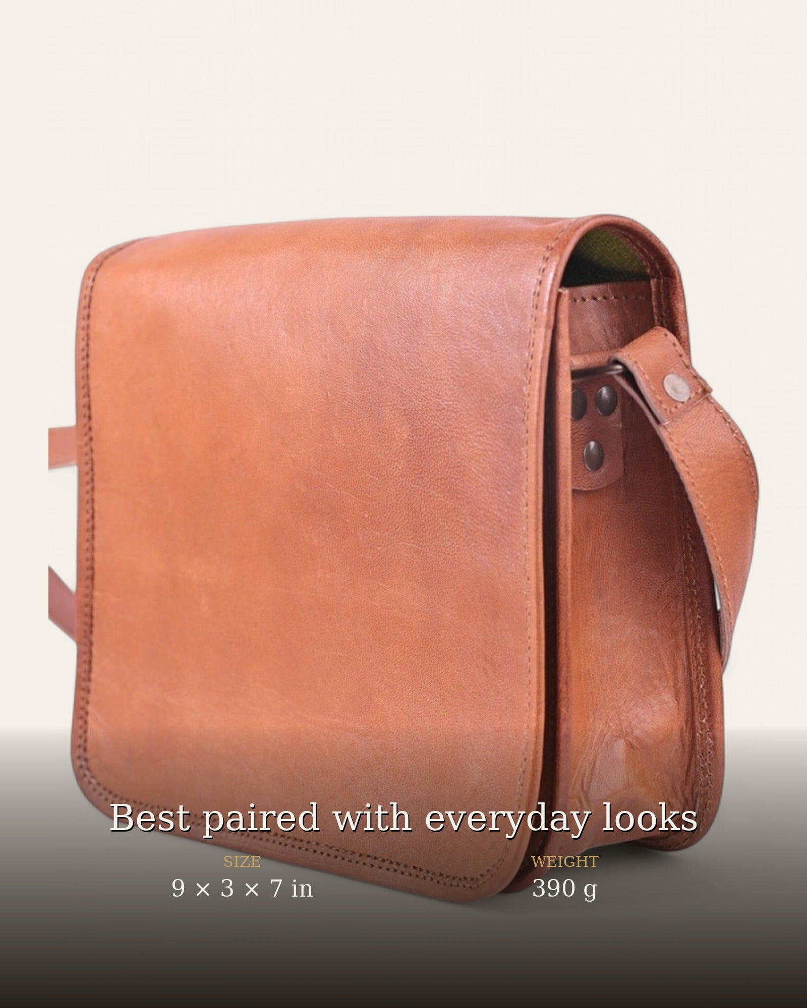 The Mandore Sling — size and weight details, 9 x 3 x 7 in, 390 g