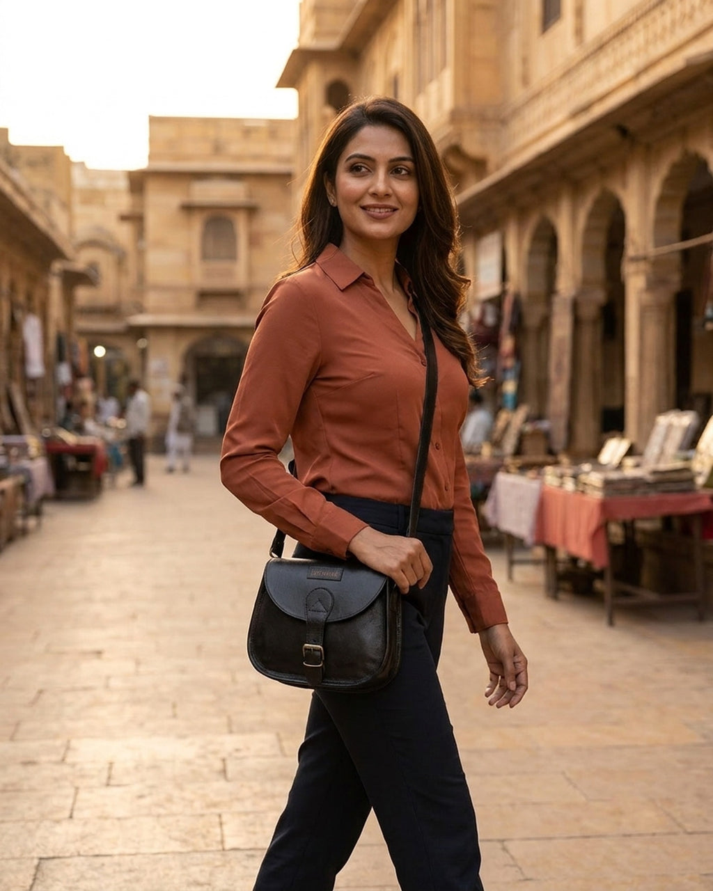 The Marwari Sling in Black worn cross-body at dusk