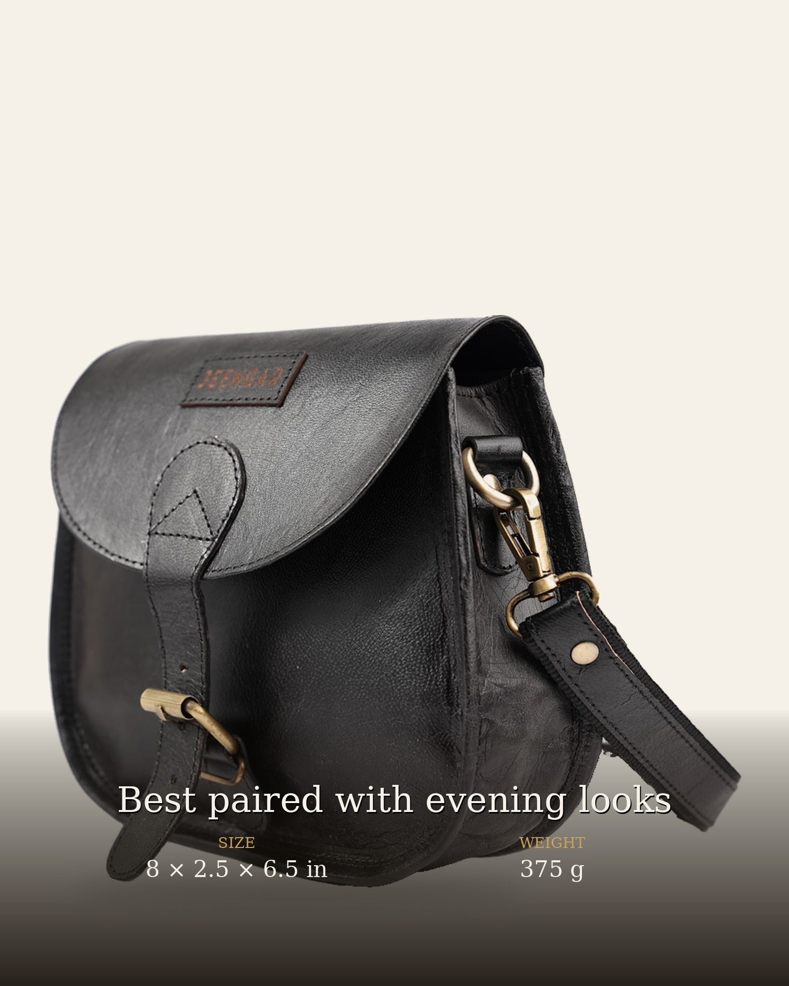 The Marwari Sling in Black — size and weight details, 8 x 2.5 x 6.5 in, 375 g