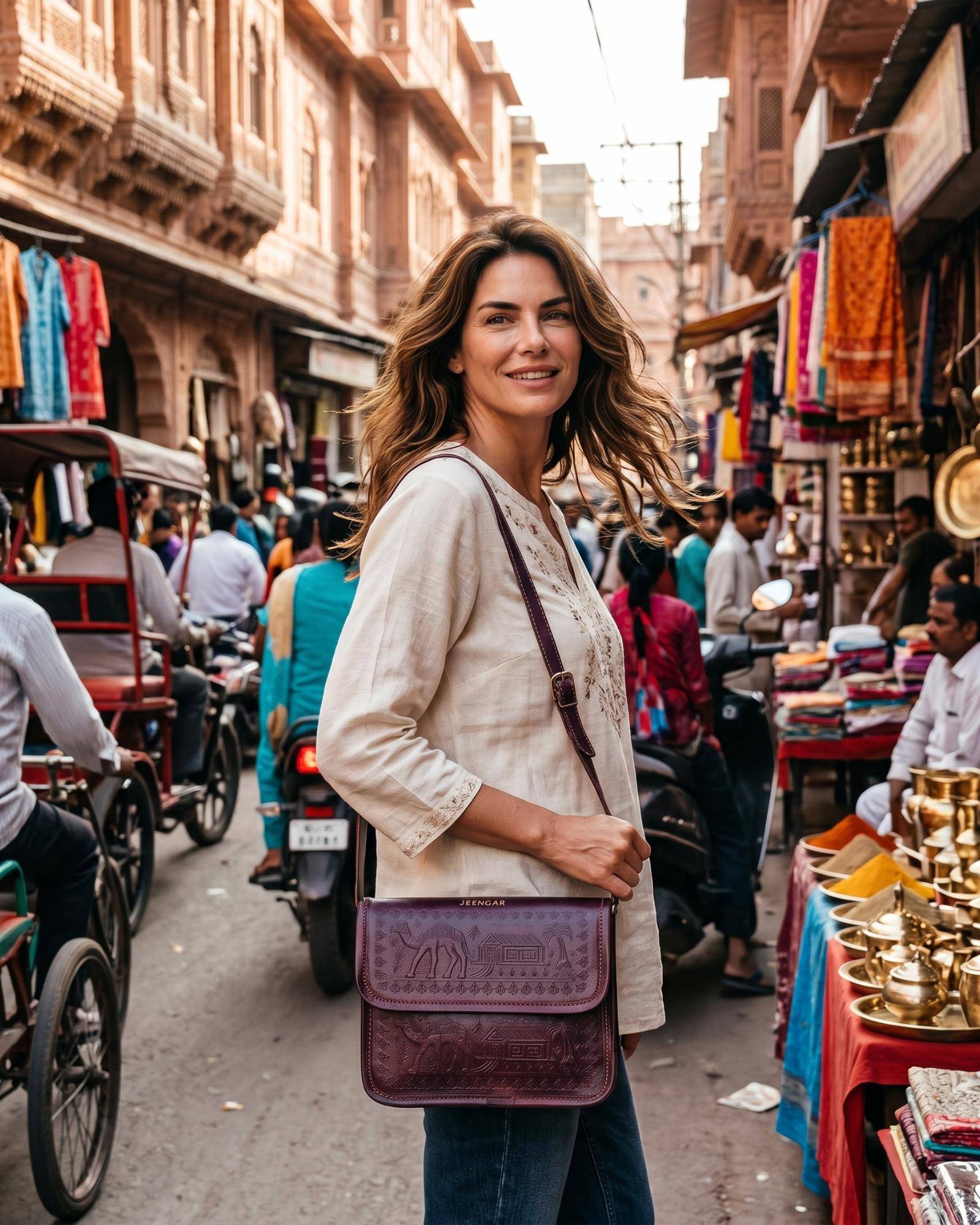 The Pushkar Sling — hand-embossed real leather sling bag, angled view