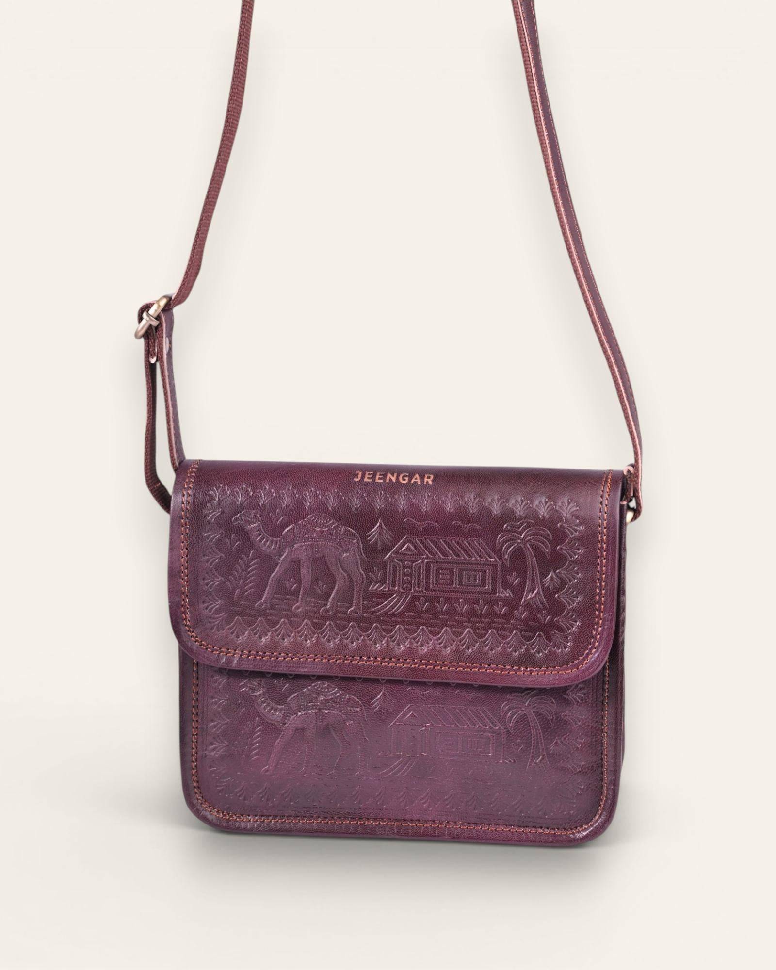 The Pushkar Sling — hand-embossed real leather sling bag, back view