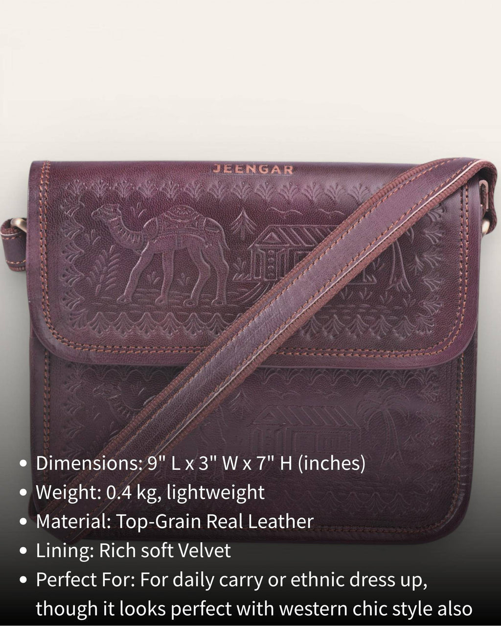 The Pushkar Sling — hand-embossed real leather sling bag, detail of the embossed flap