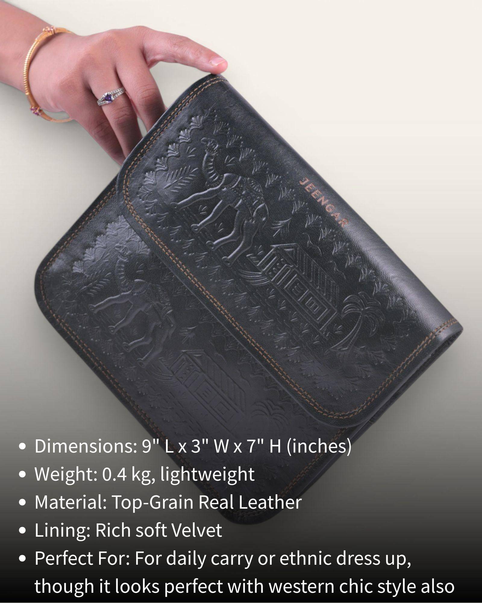 The Pushkar Sling — size and dimension details of the embossed leather sling bag