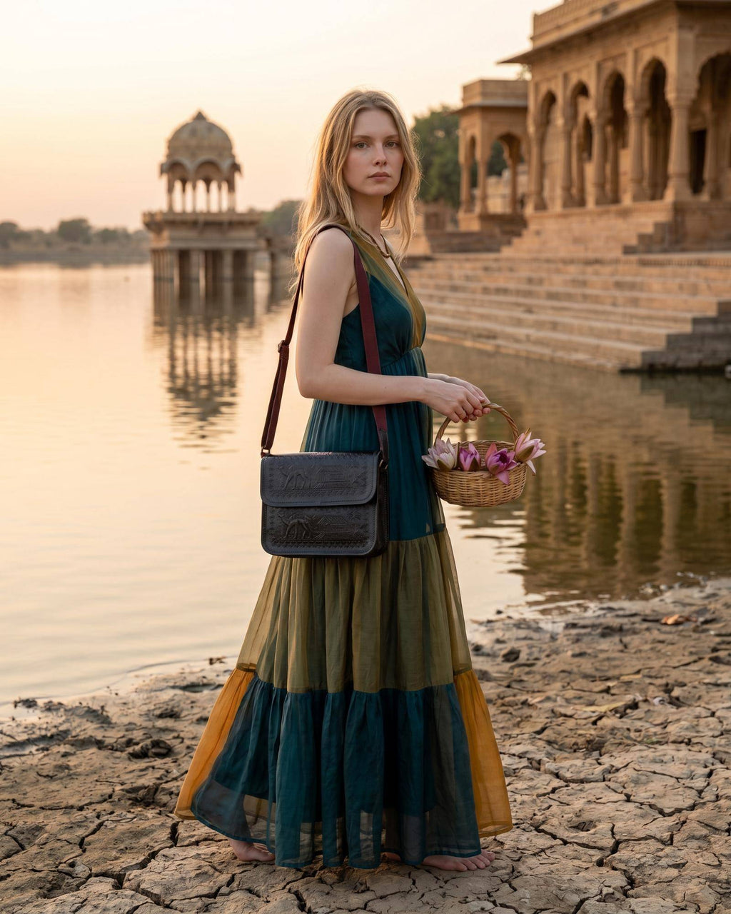 The Pushkar Sling in Dark Olive — hand-embossed real leather sling bag by Jeengar