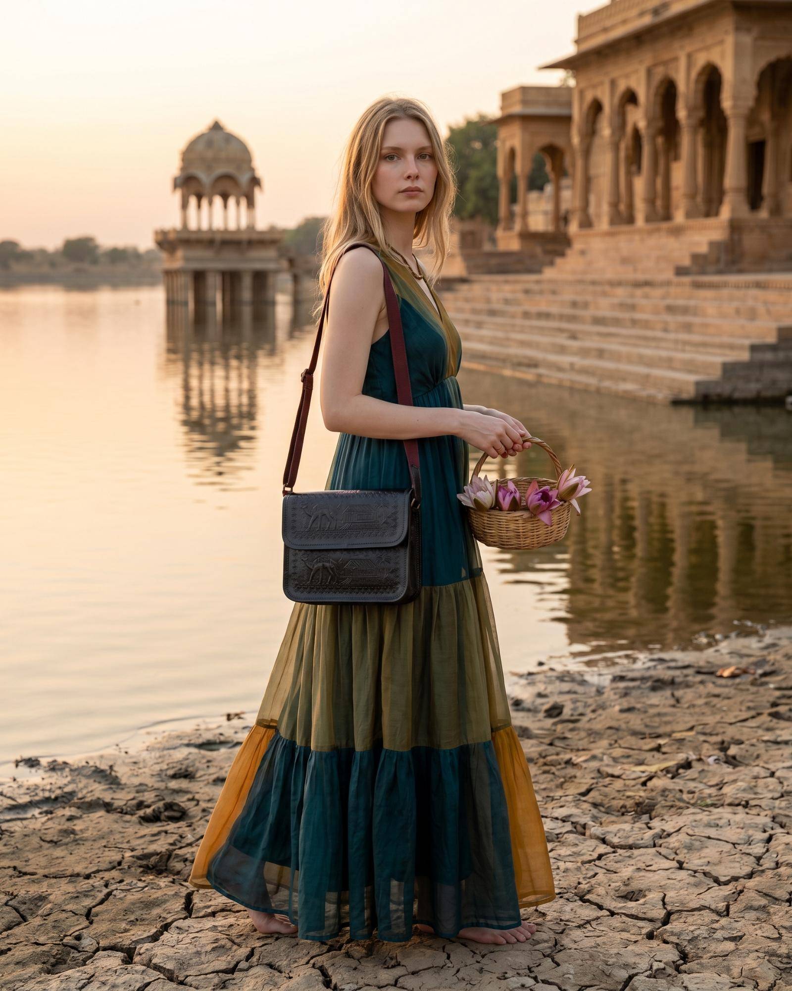The Pushkar Sling in Dark Olive — hand-embossed real leather sling bag by Jeengar
