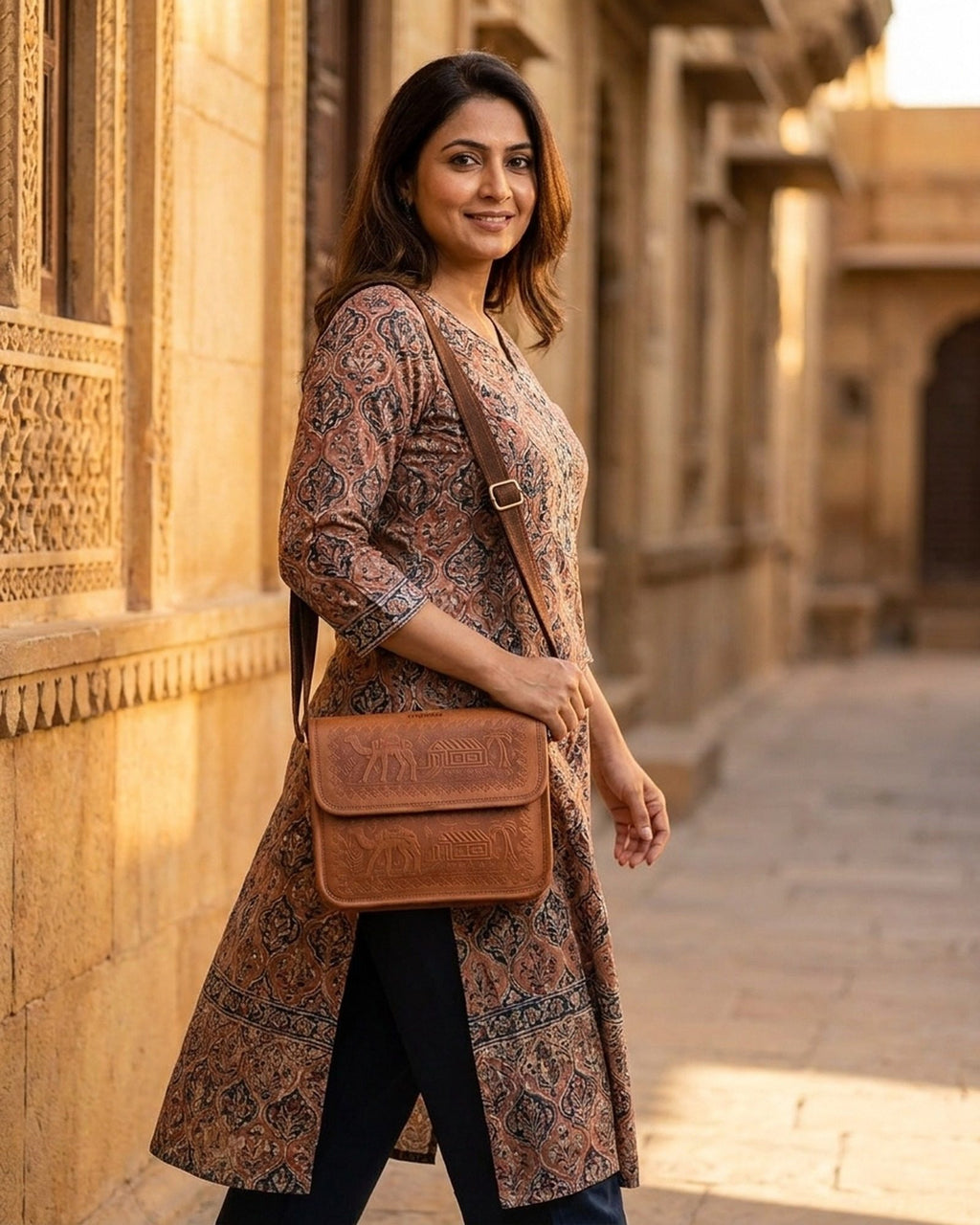 The Pushkar Sling in Tan worn crossbody on a sandstone haveli street