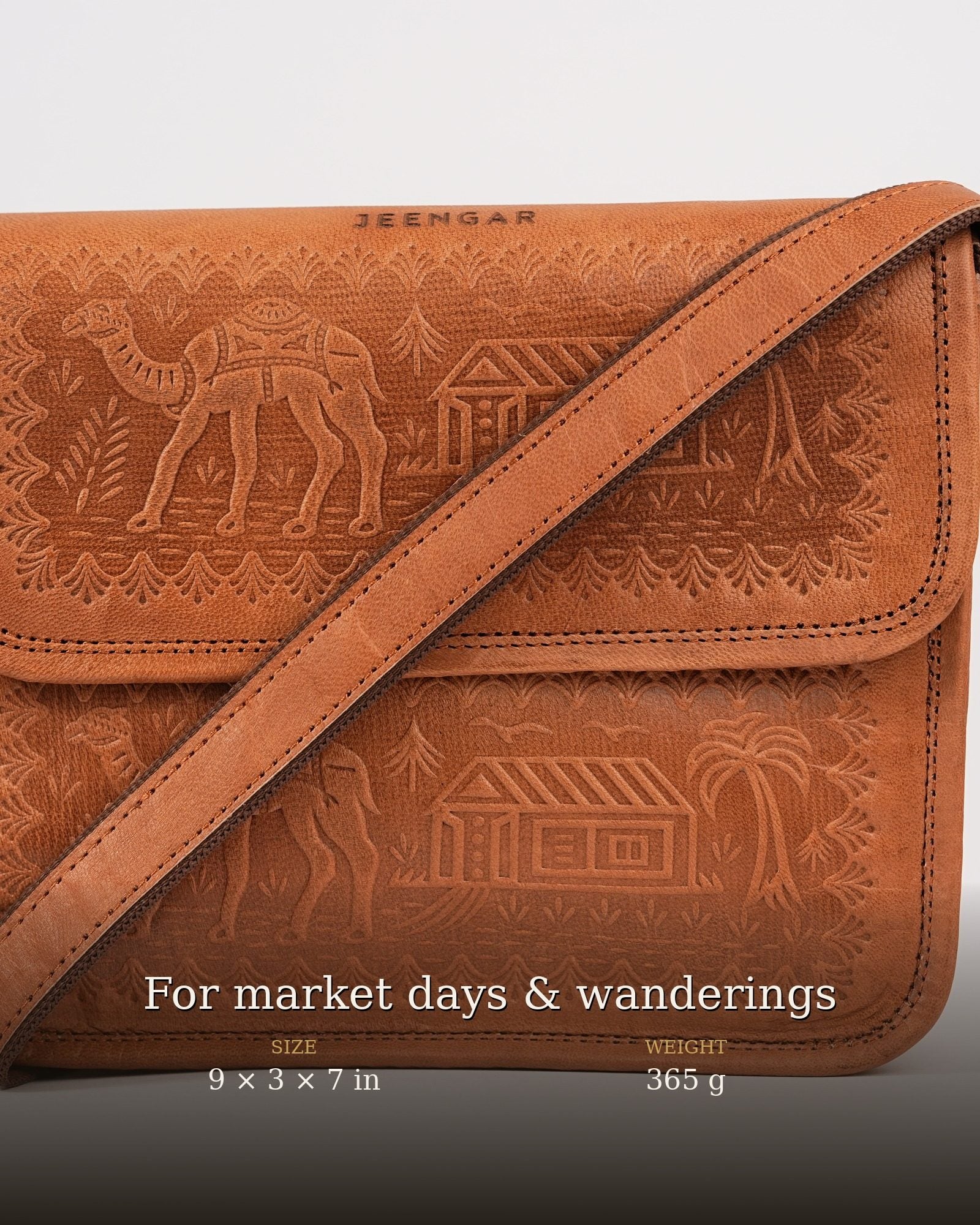 The Pushkar Sling in Tan — dimensions 9 × 3 × 7 in, 365 g