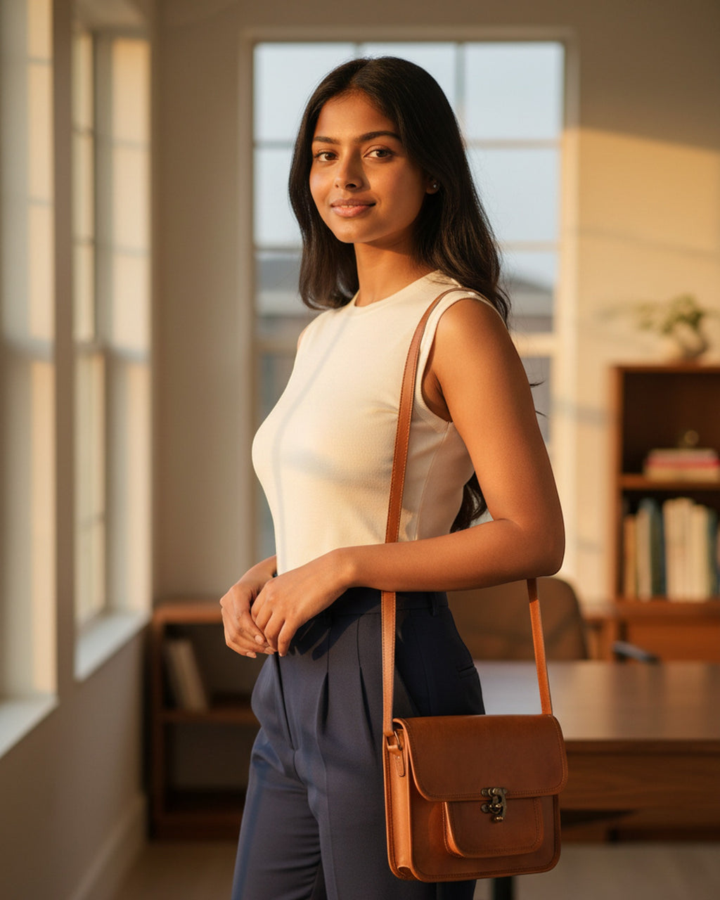 The Taragarh Satchel worn cross-body — tan leather satchel in golden-hour light