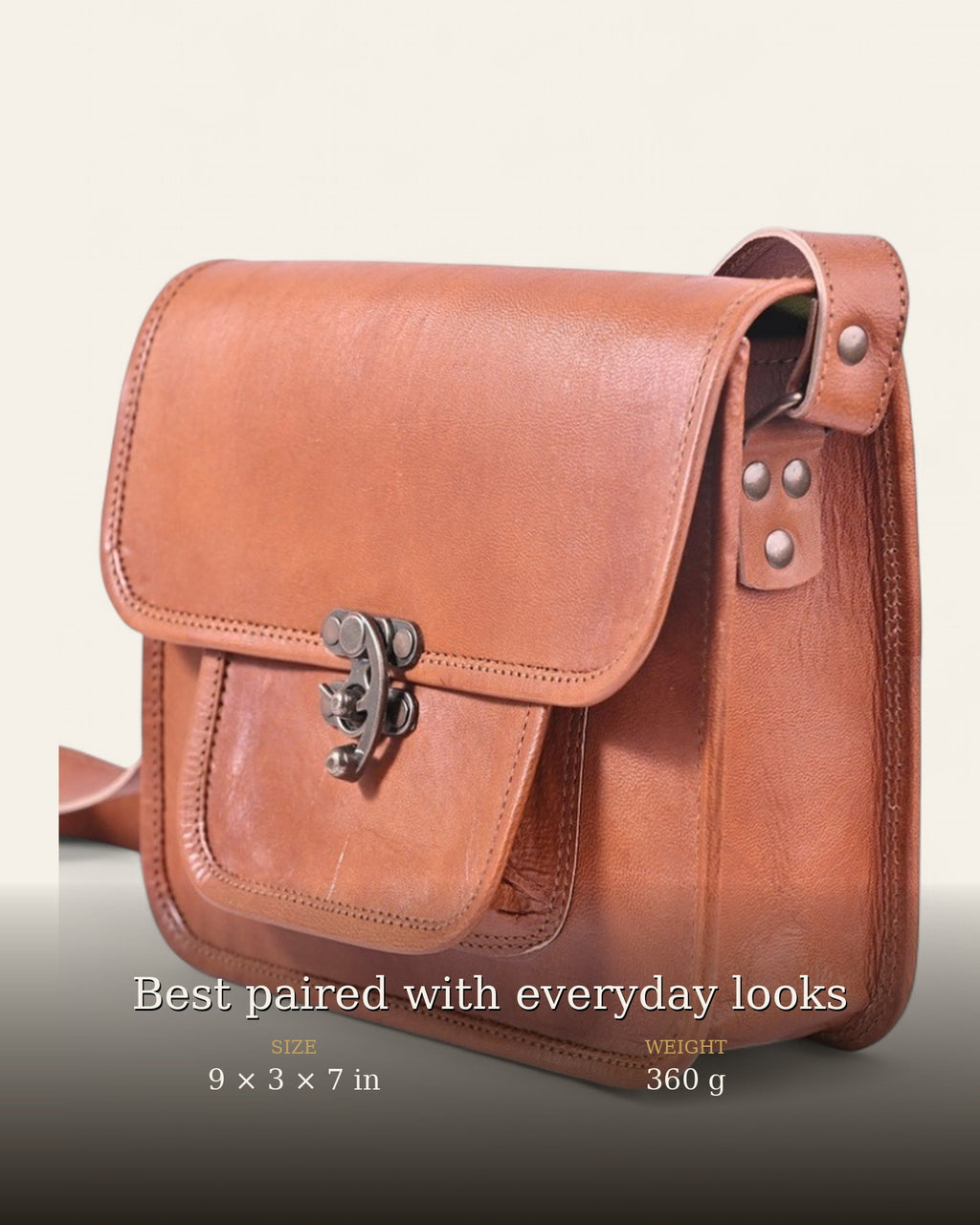 The Taragarh Satchel — size and weight details, 9 x 3 x 7 in, 360 g