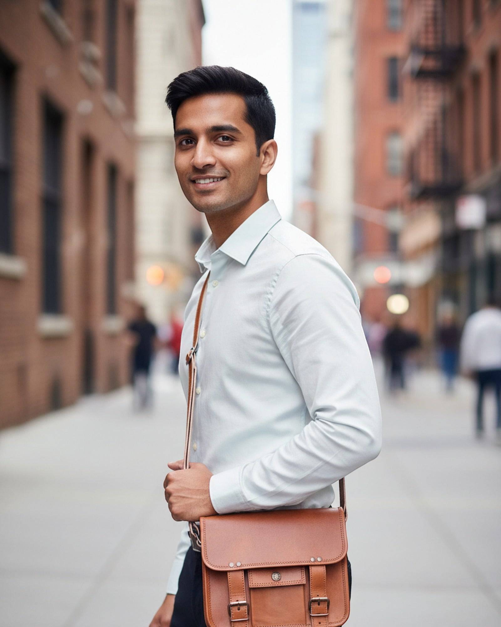 Man wearing The Jaigarh Sling crossbody on a city street