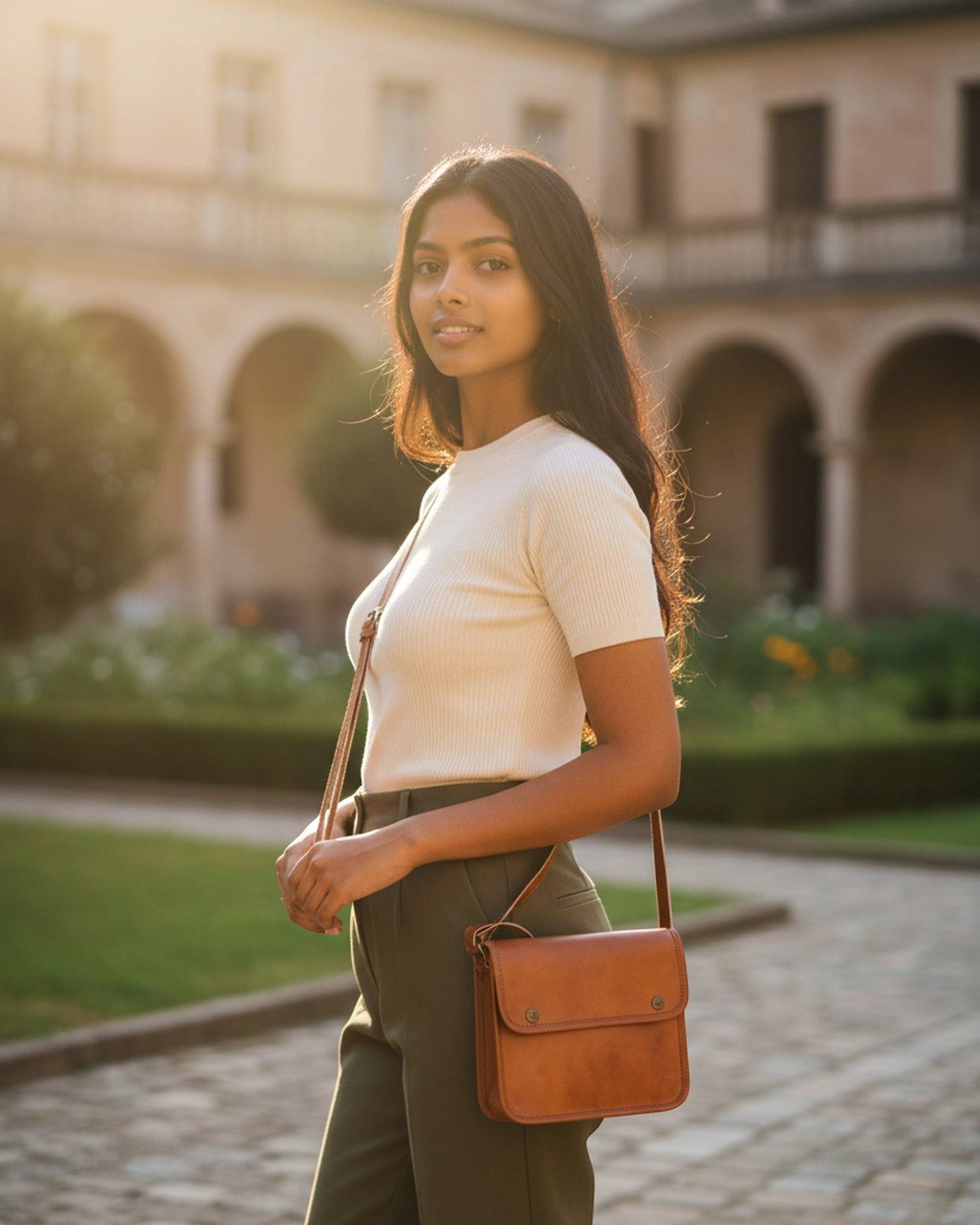 Woman wearing The Sojat Sling crossbody in golden-hour light