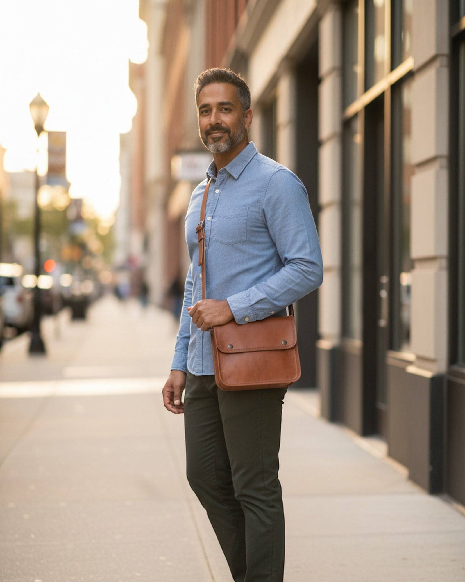 Man wearing The Sojat Sling crossbody on a city street