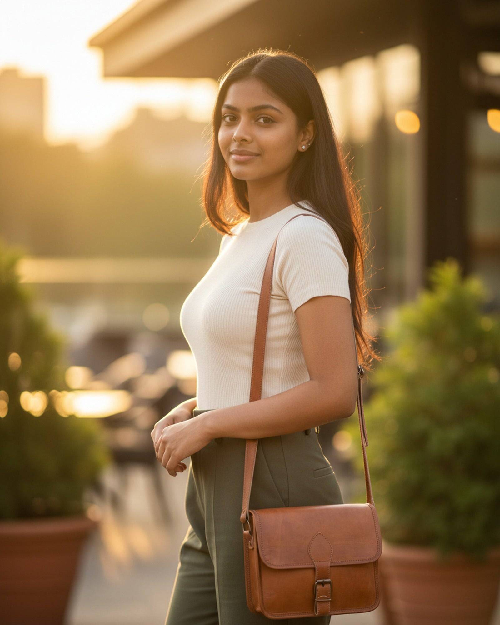 A woman wearing The Runicha Sling crossbody — natural-brown leather sling