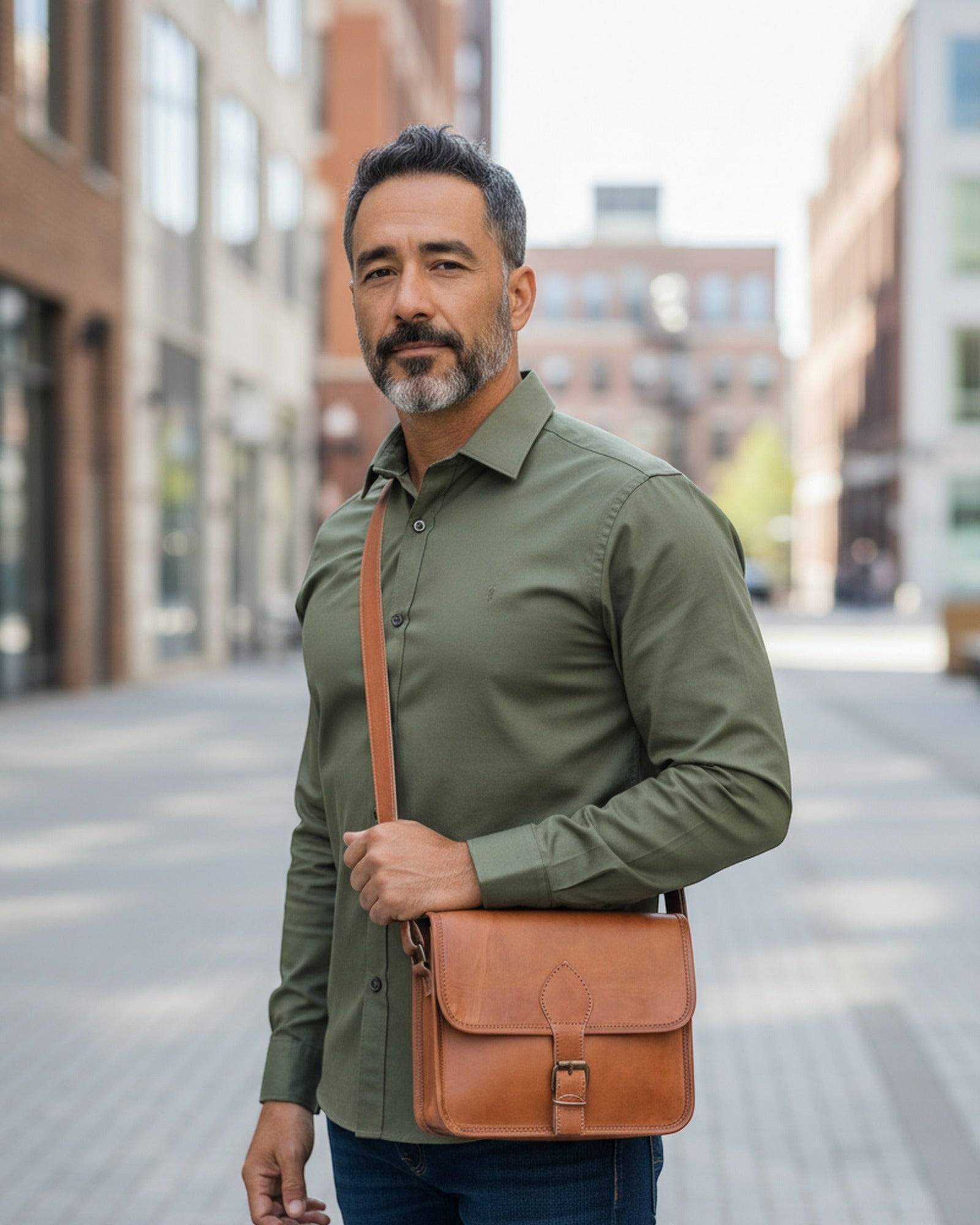 A man wearing The Runicha Sling crossbody — natural-brown leather sling